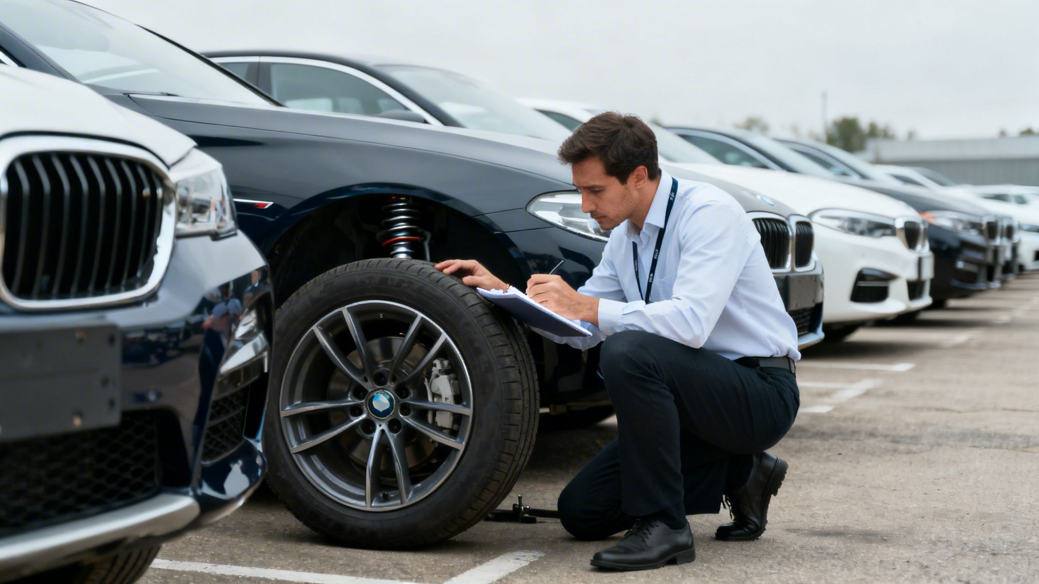 Hombre en camisa inspecciona el neumático de un coche negro en un lote de vehículos, tomando notas.