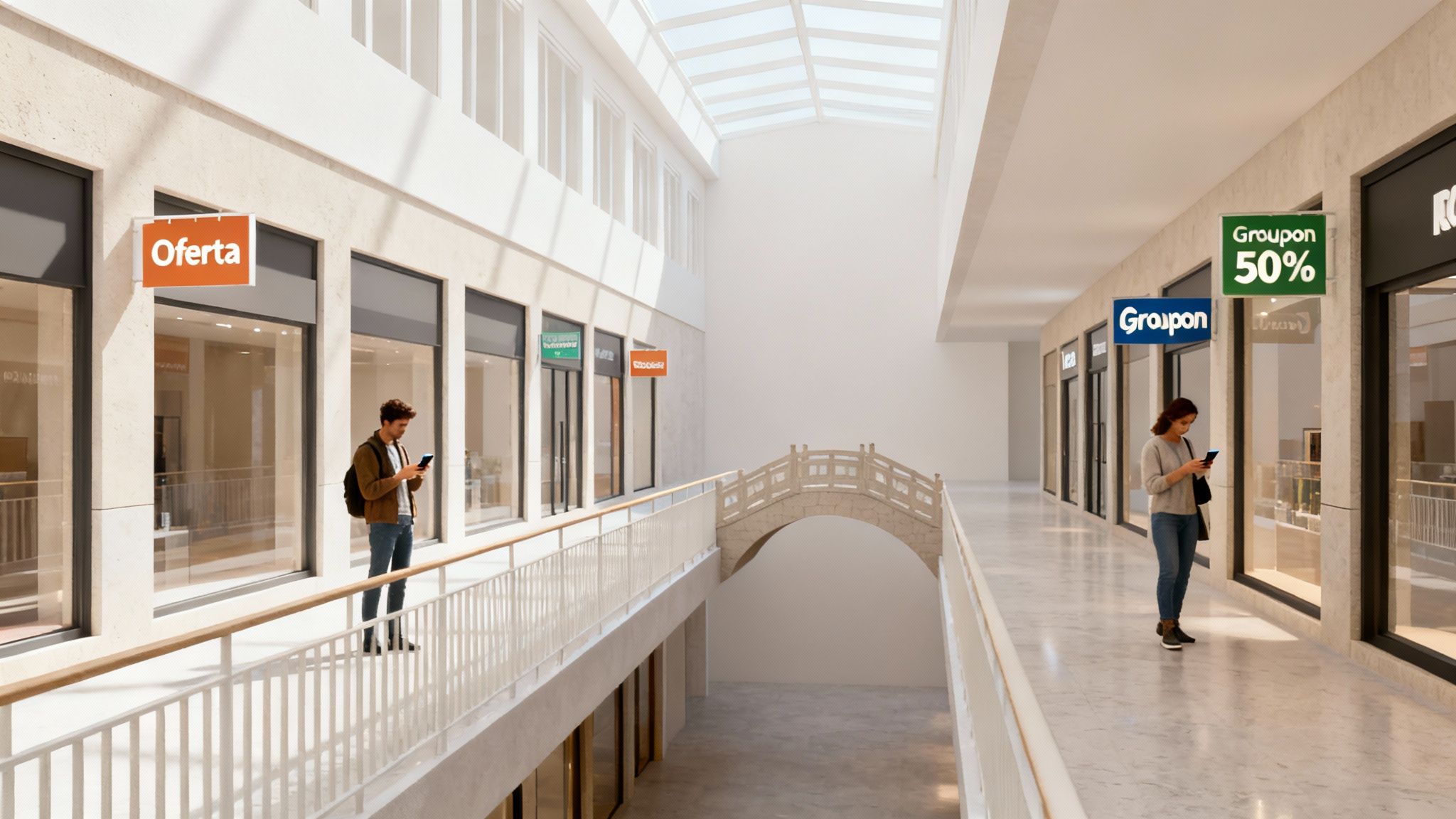 Un hombre y una mujer usando sus teléfonos en un moderno centro comercial con tiendas, ofertas y un puente.