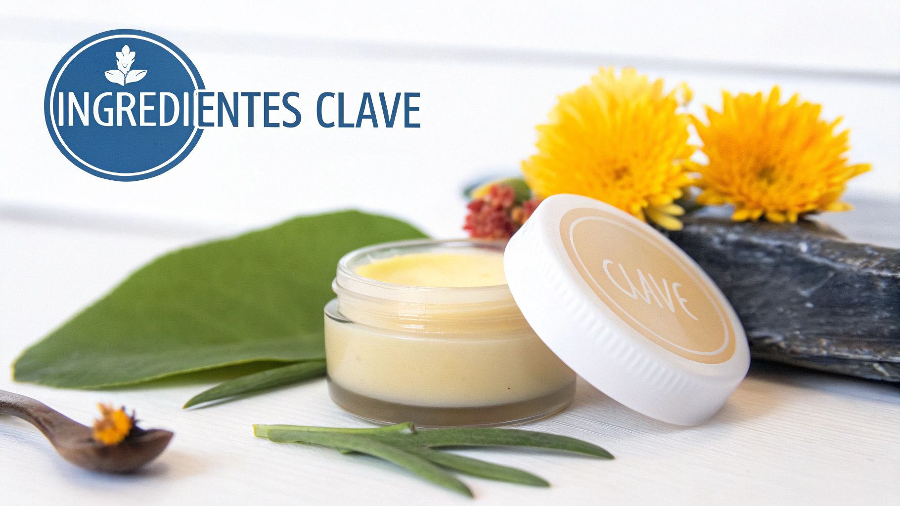 Tarro de crema amarillo con tapa, rodeado de hojas verdes y flores, con el texto 'Ingredientes Clave'.