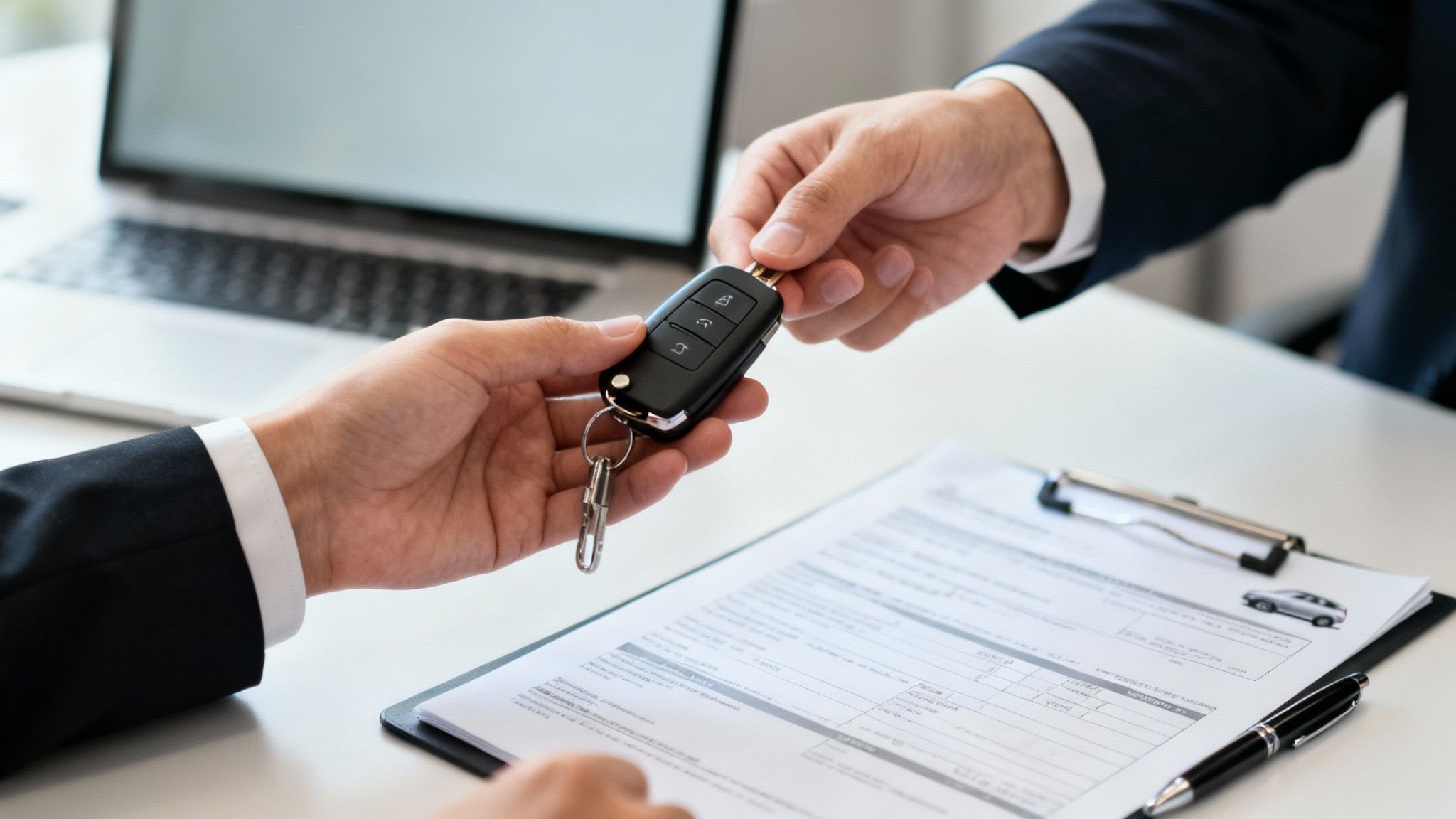 Dos personas en un escritorio, una entregando las llaves de un coche a la otra. Documentos y portátil en segundo plano.