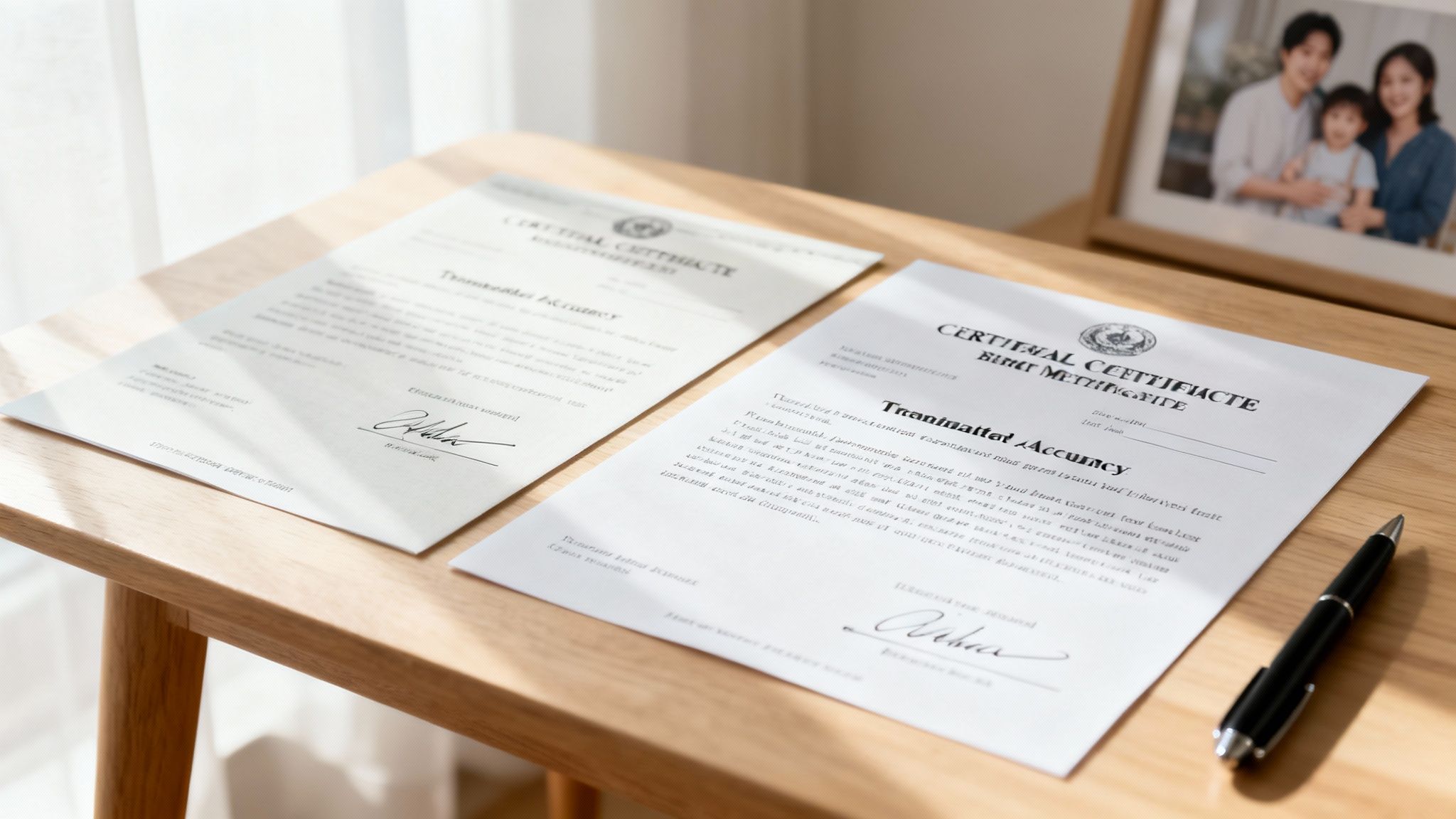 Two signed official documents and a pen on a wooden table, with a blurred family photo in background.