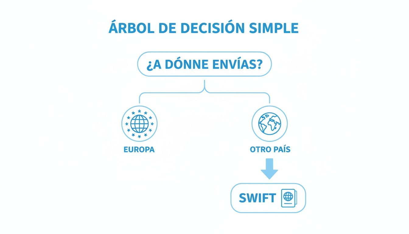 Diagrama de árbol de decisión simple sobre cómo enviar dinero internacionalmente, distinguiendo entre Europa y otros países.