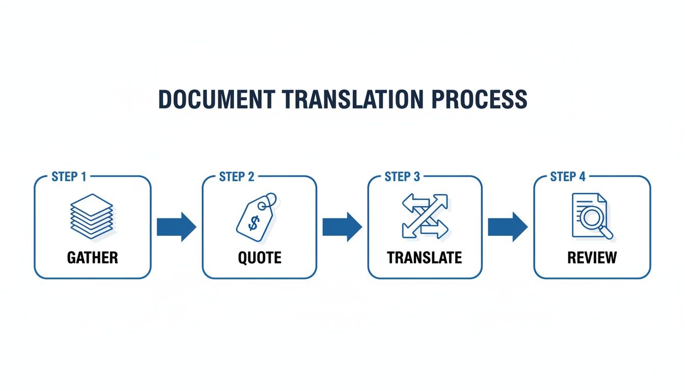 Illustrates the document translation process in four steps: gather, quote, translate, and review.