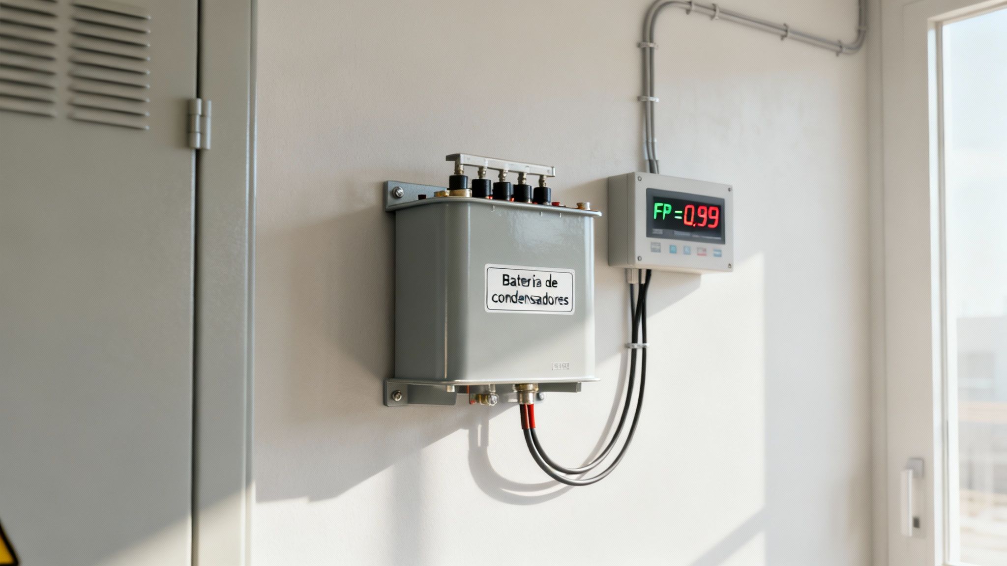 Equipo eléctrico montado en pared con batería de condensadores y medidor de factor de potencia.