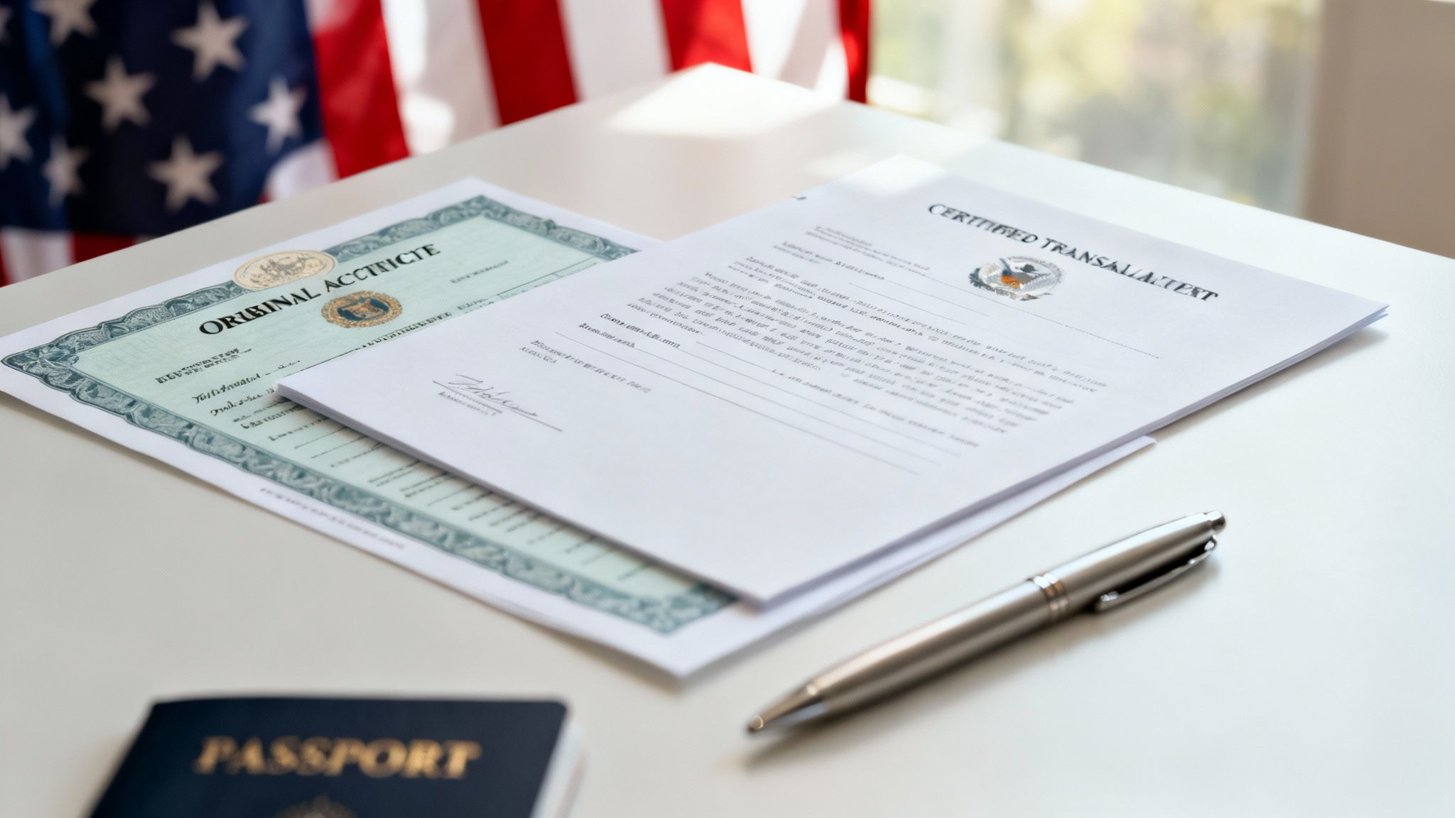 Documents for official purposes, including an original certificate, certified translation, passport, and US flag.