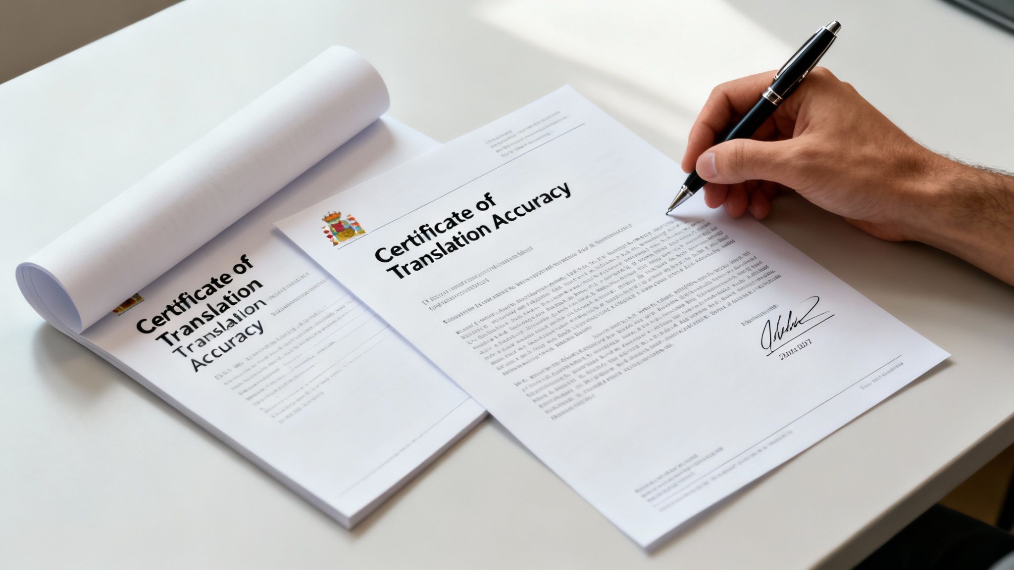 A hand signs a 'Certificate of Translation Accuracy' document with a Spanish crest on a white desk.