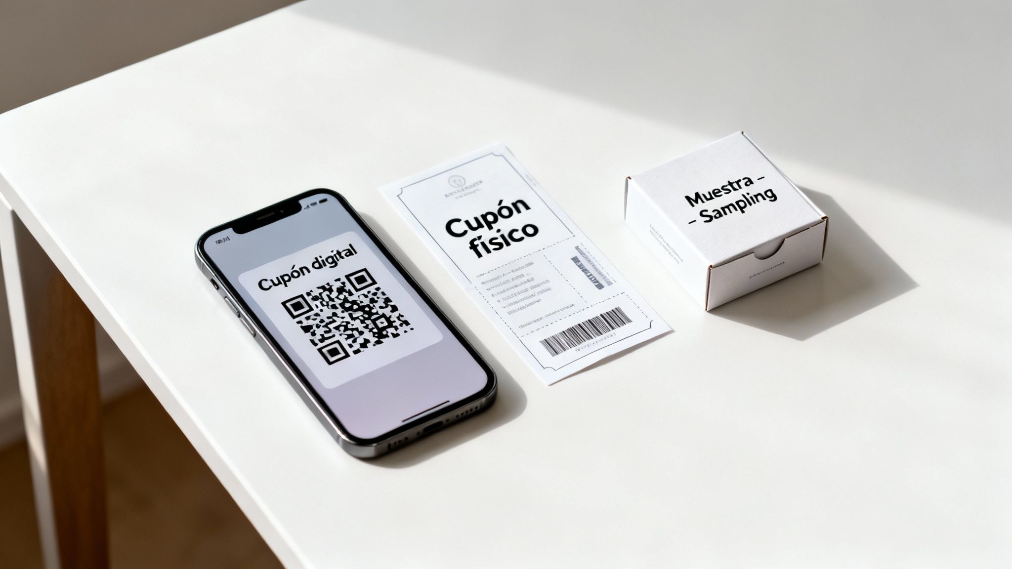 Un teléfono muestra un cupón digital con código QR, un cupón físico de papel y una caja de muestra, sobre una mesa blanca.