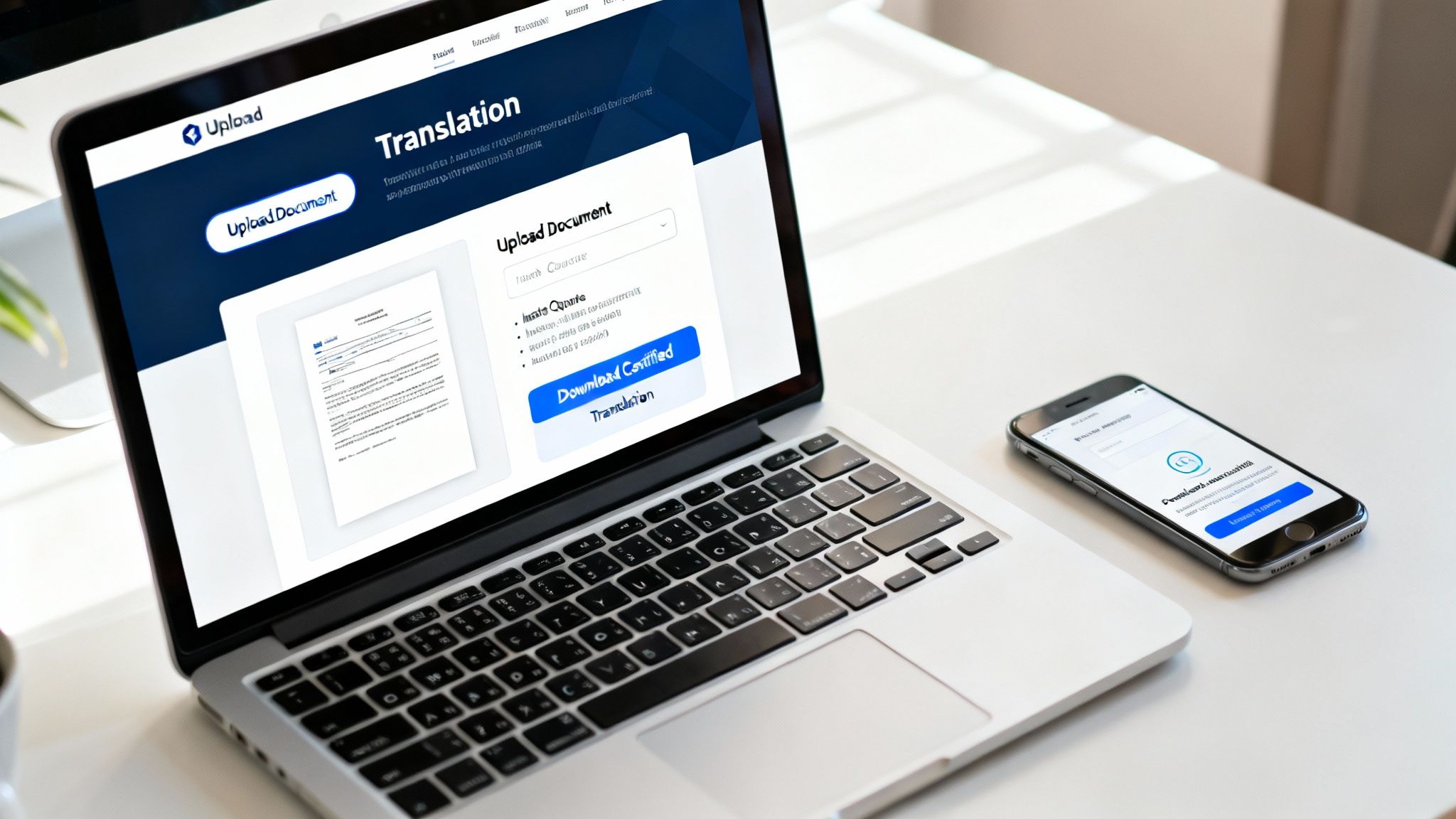 Laptop and smartphone on a white desk, displaying a digital translation service interface.