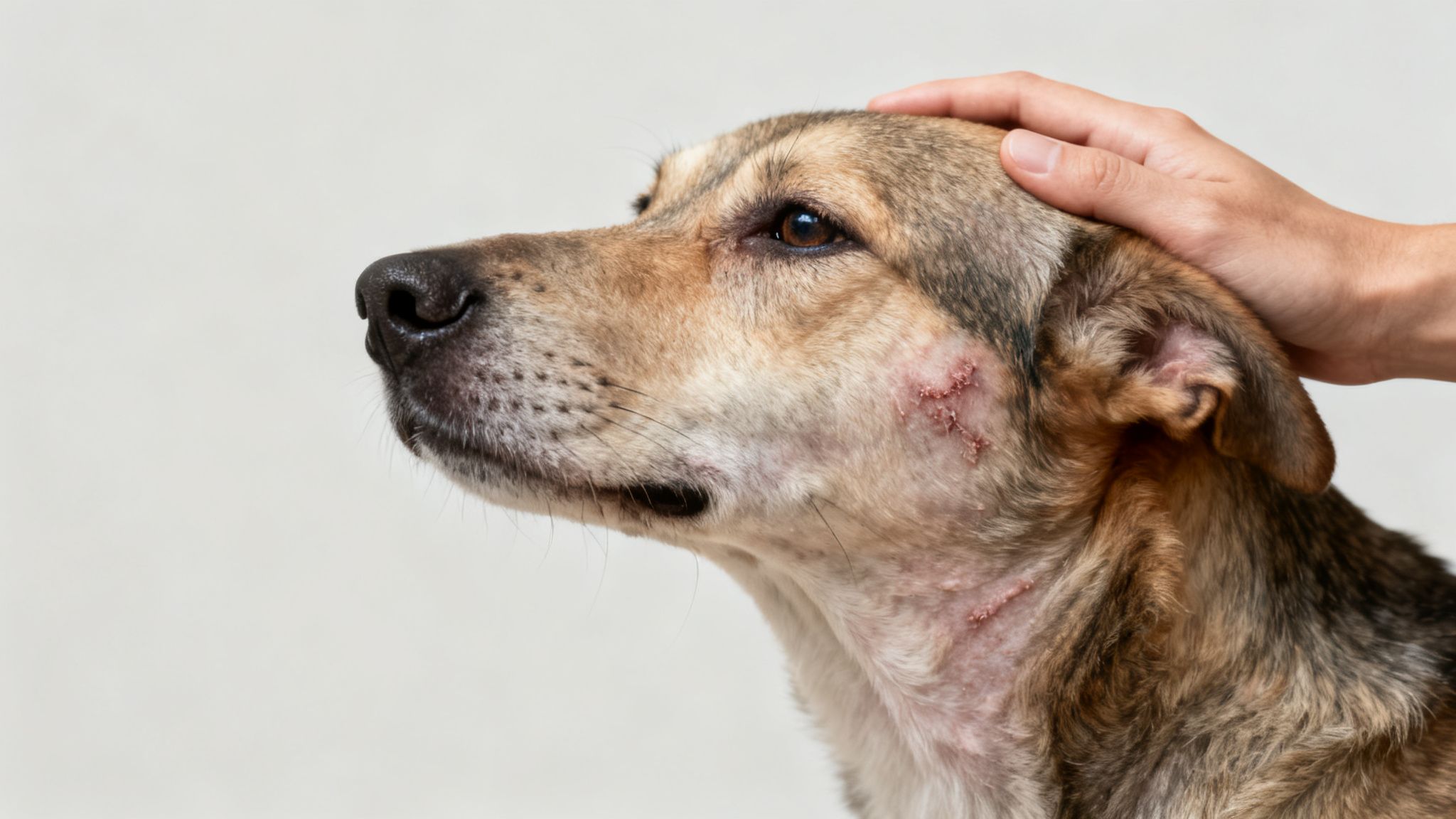 Primer plano de un perro con sarna o lesiones cutáneas siendo acariciado por una mano humana.