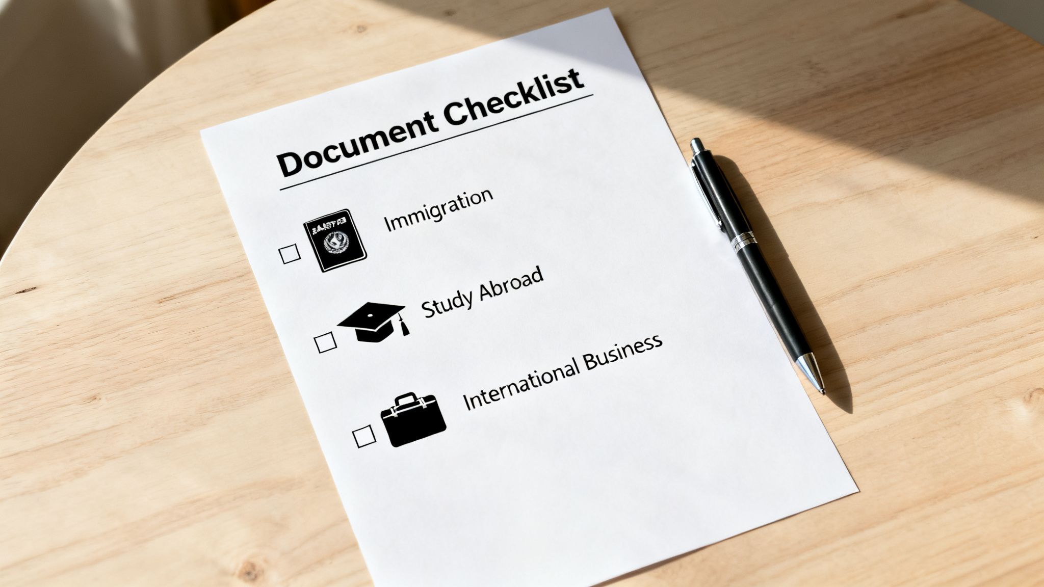 A document checklist for immigration, study abroad, and international business on a wooden table with a pen.
