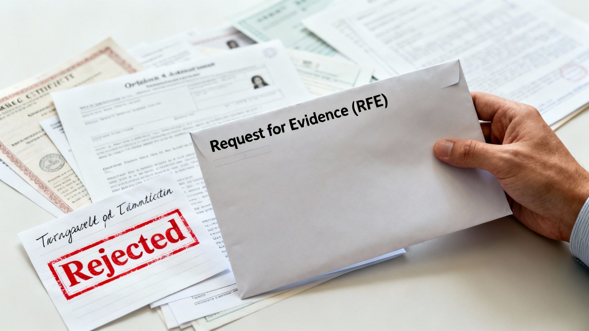 A hand holds an 'Request for Evidence (RFE)' envelope over immigration documents with a 'Rejected' stamp.