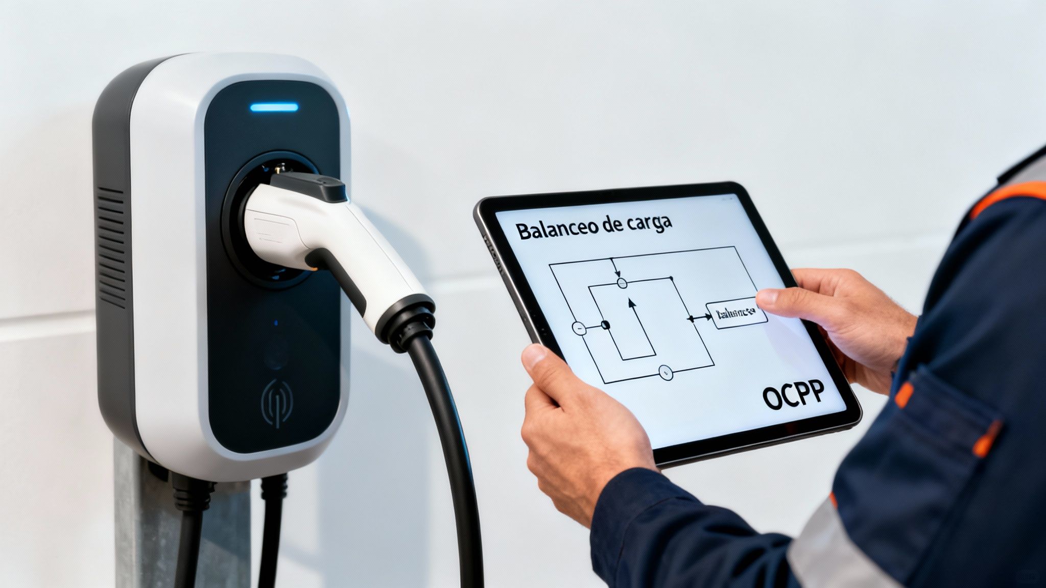 Técnico mostrando una tablet con balanceo de carga para estación de vehículos eléctricos.