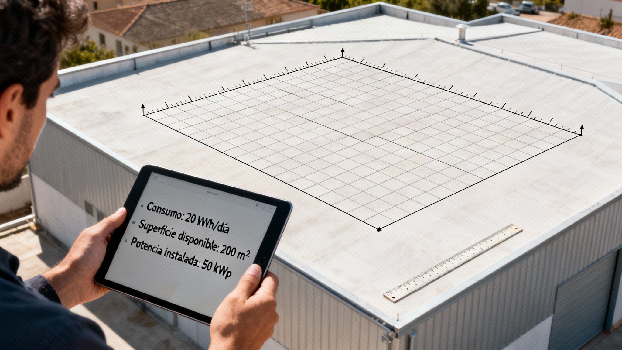 Hombre en una azotea con tablet, analizando datos para instalación de paneles solares sobre una cuadrícula digital.