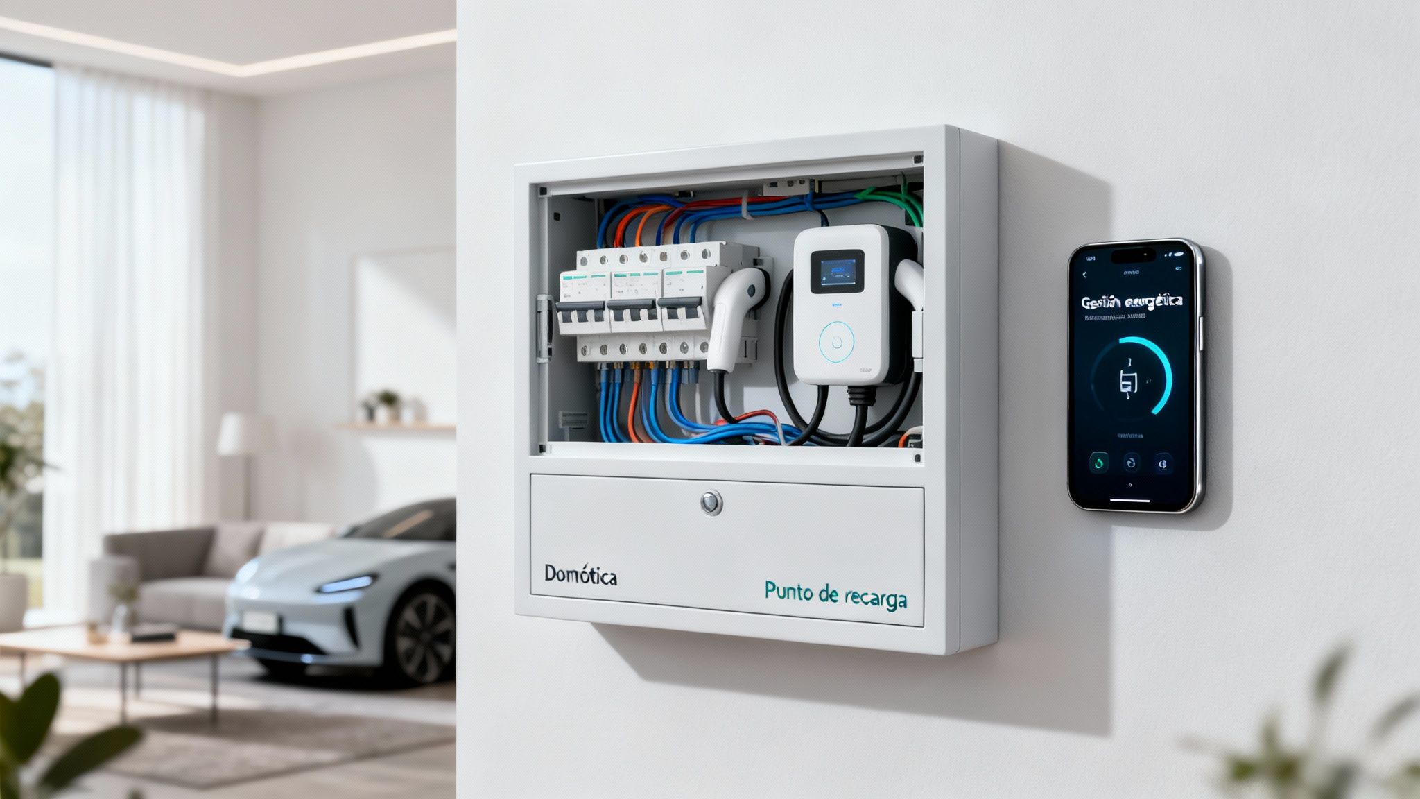 Cuadro eléctrico inteligente en vivienda con cargador de vehículo eléctrico y gestión energética.
