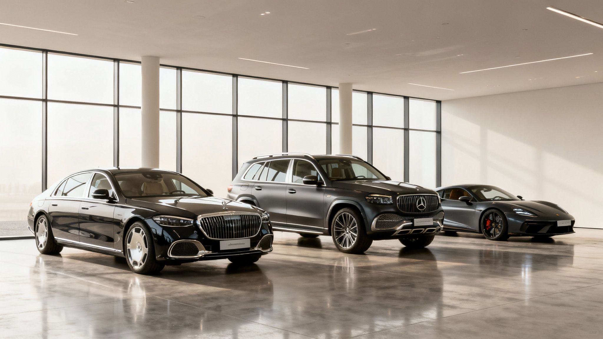 Tres coches de lujo premium, un sedán, un SUV y un deportivo, expuestos en una moderna sala de exposición.