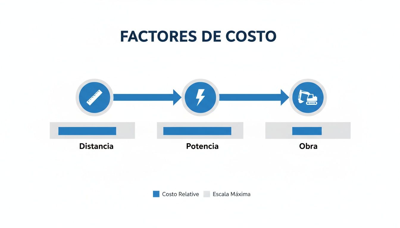 Diagrama de factores de costo de instalación, mostrando la influencia de distancia, potencia y obra.