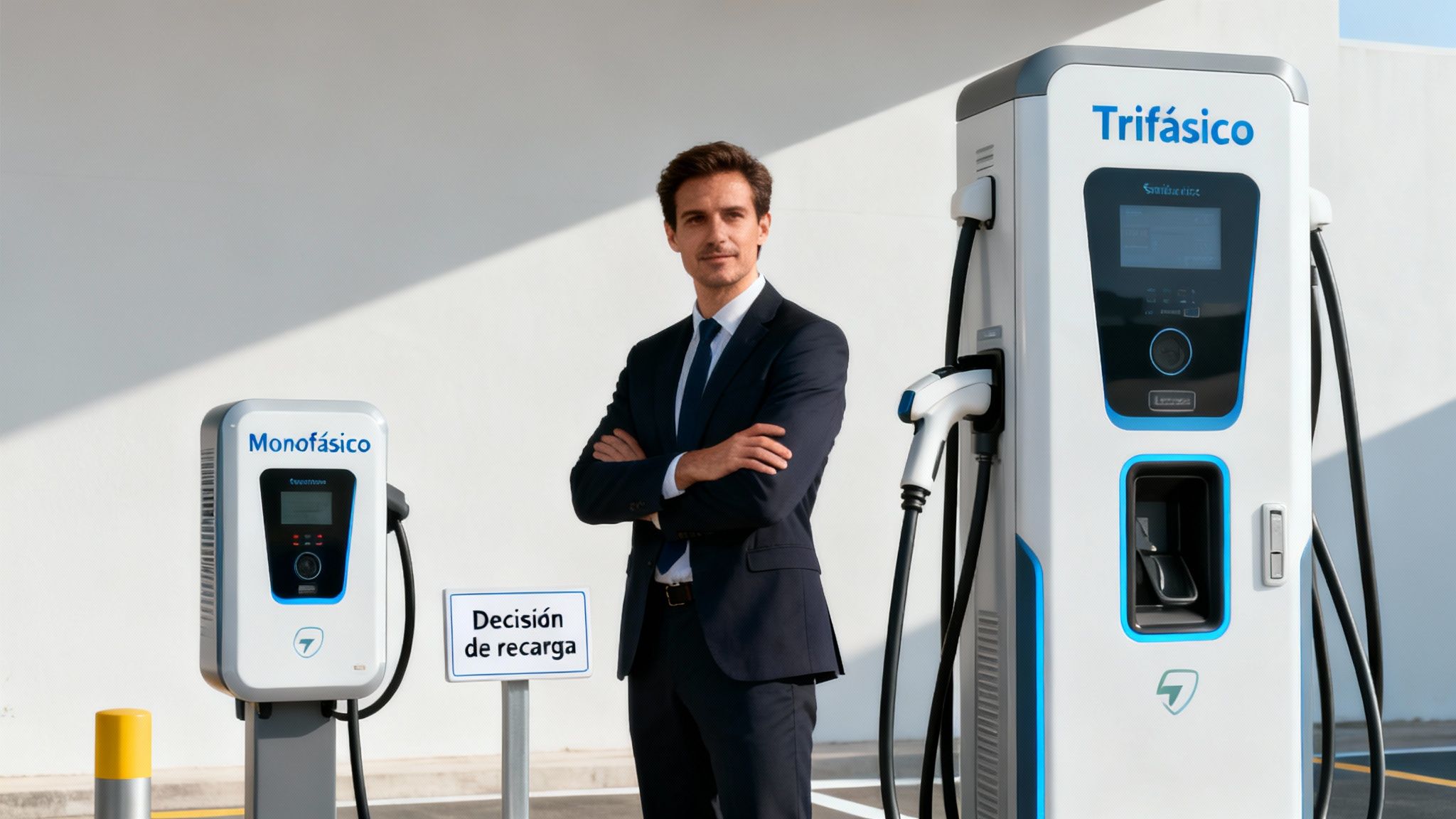 Hombre de negocios junto a cargadores de vehículos eléctricos monofásico y trifásico.