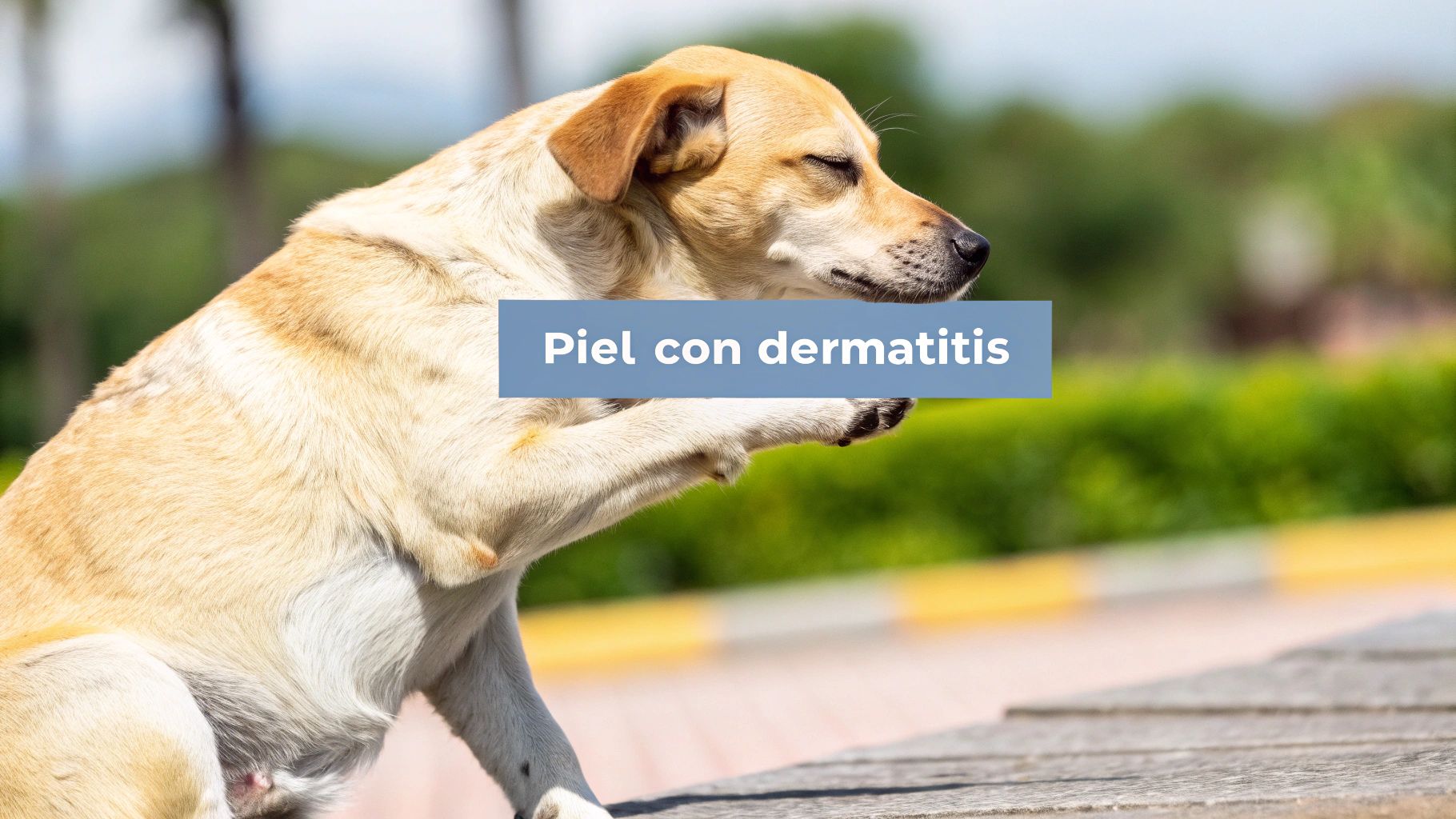 Un perro mestizo de color claro se rasca, mostrando signos de dermatitis en su piel.