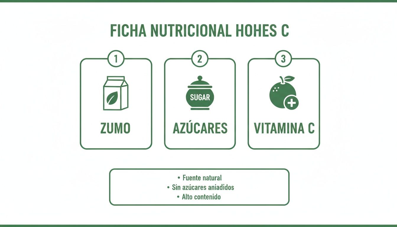 Ficha nutricional de Hohes C con información sobre zumo, azúcares y vitamina C, destacando sus beneficios.