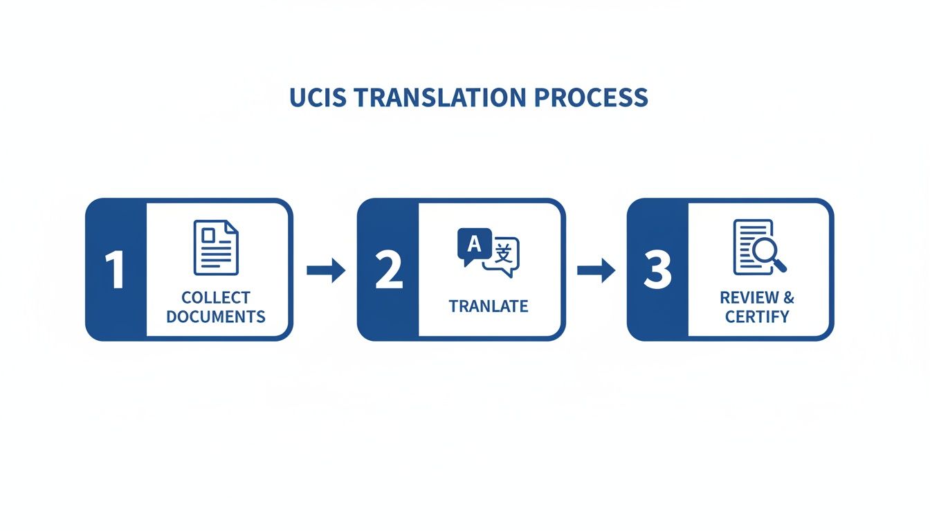 Flowchart illustrating the USCIS translation process: collect, translate, review, and certify documents.