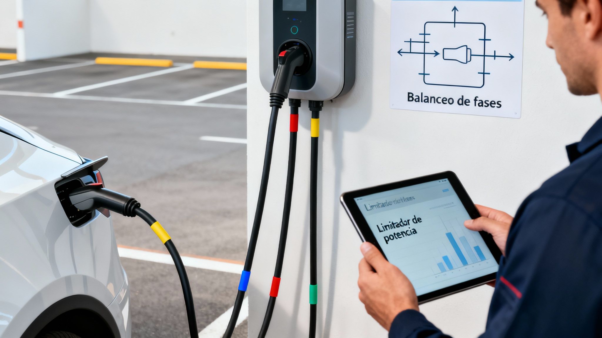 Un hombre revisa datos de potencia en una tablet mientras un coche eléctrico carga en un punto de carga.