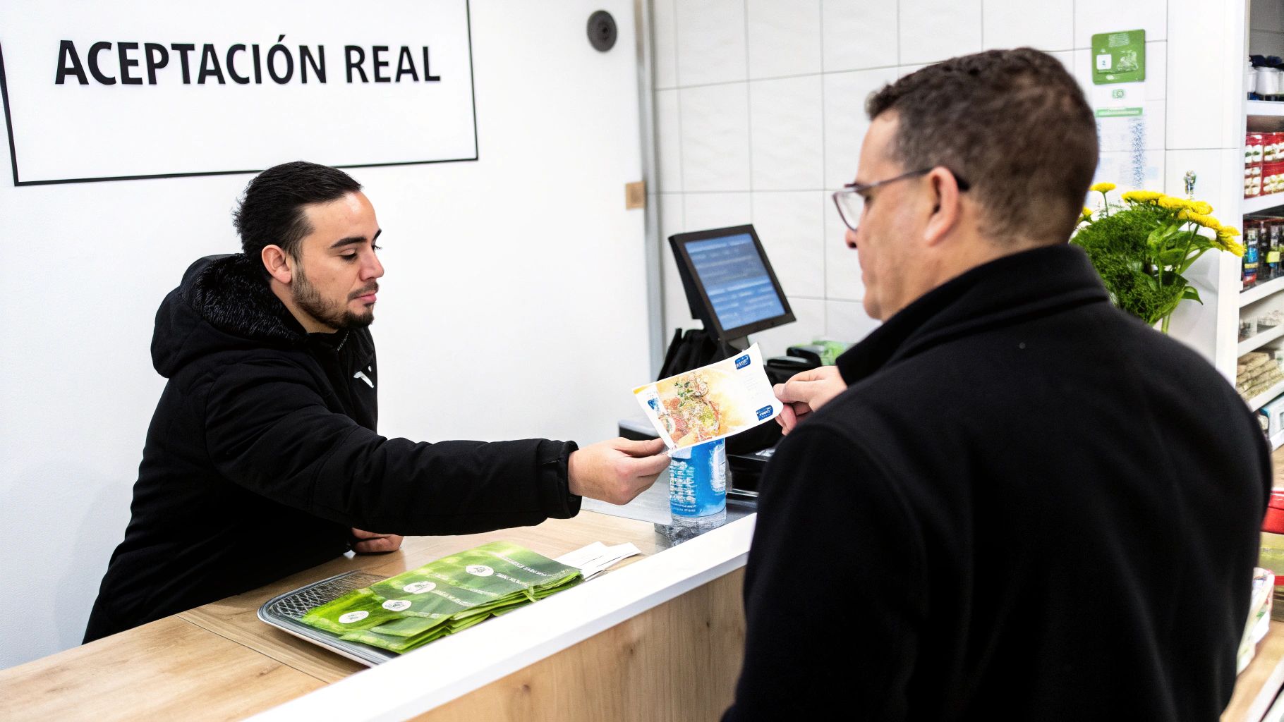 Dos hombres en un mostrador, uno entregando un folleto al otro en un establecimiento.