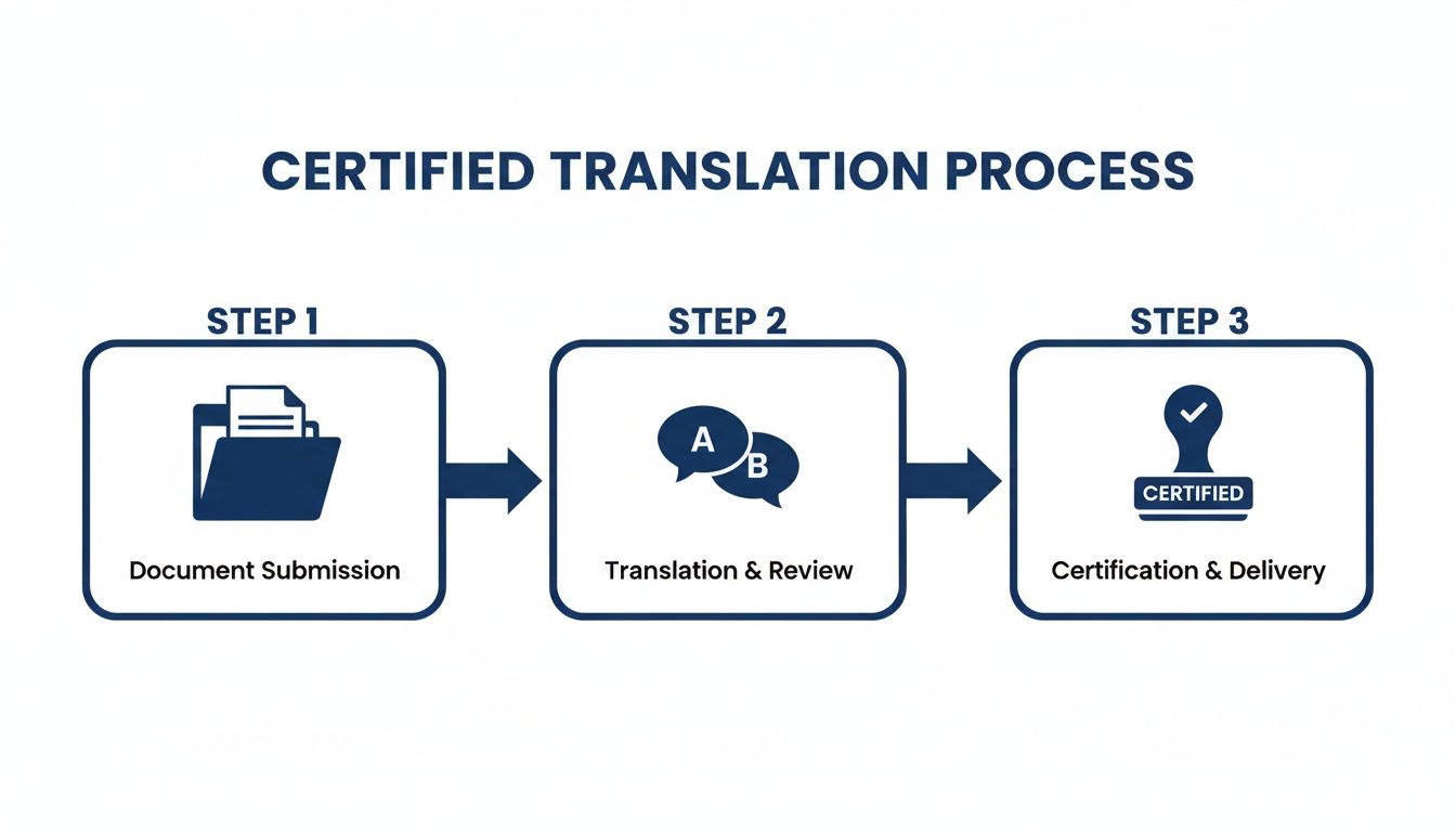 A three-step diagram illustrating the certified translation process, from document submission to certification and delivery.