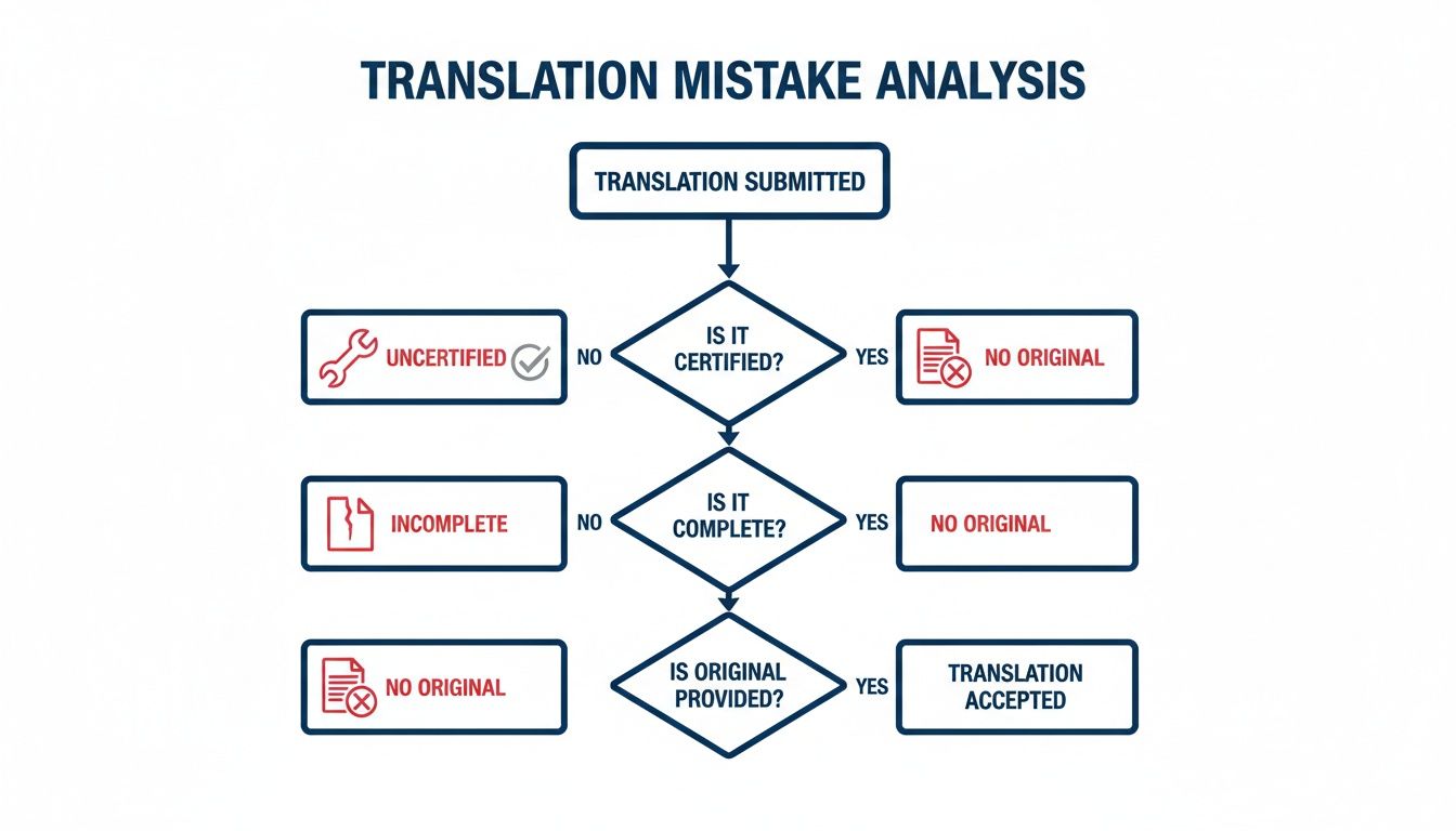 Flowchart for translation mistake analysis, checking certification, completeness, and original document provision.