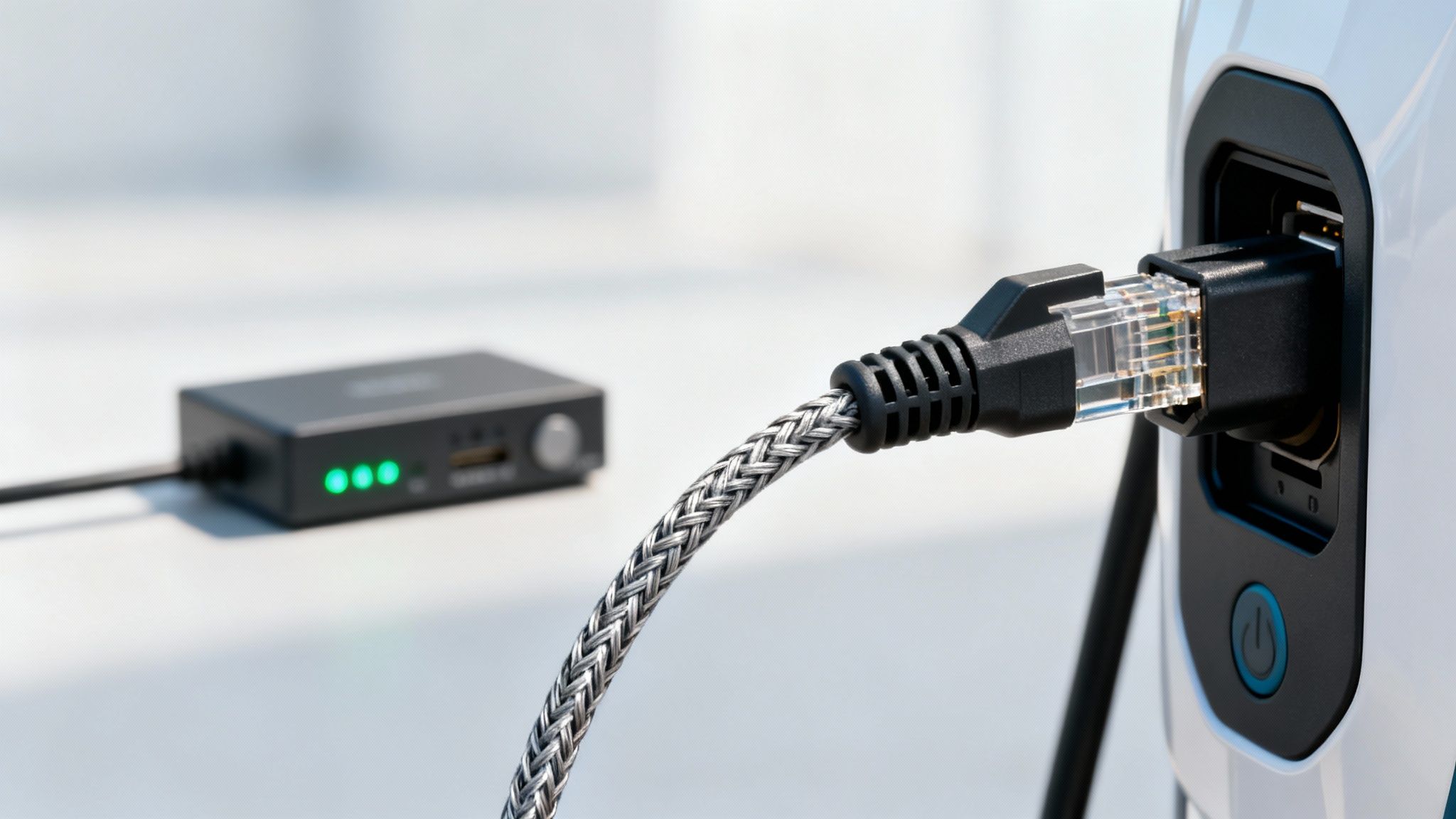 Cable Ethernet conectado a un puerto, con un dispositivo electrónico y luces verdes en el fondo.