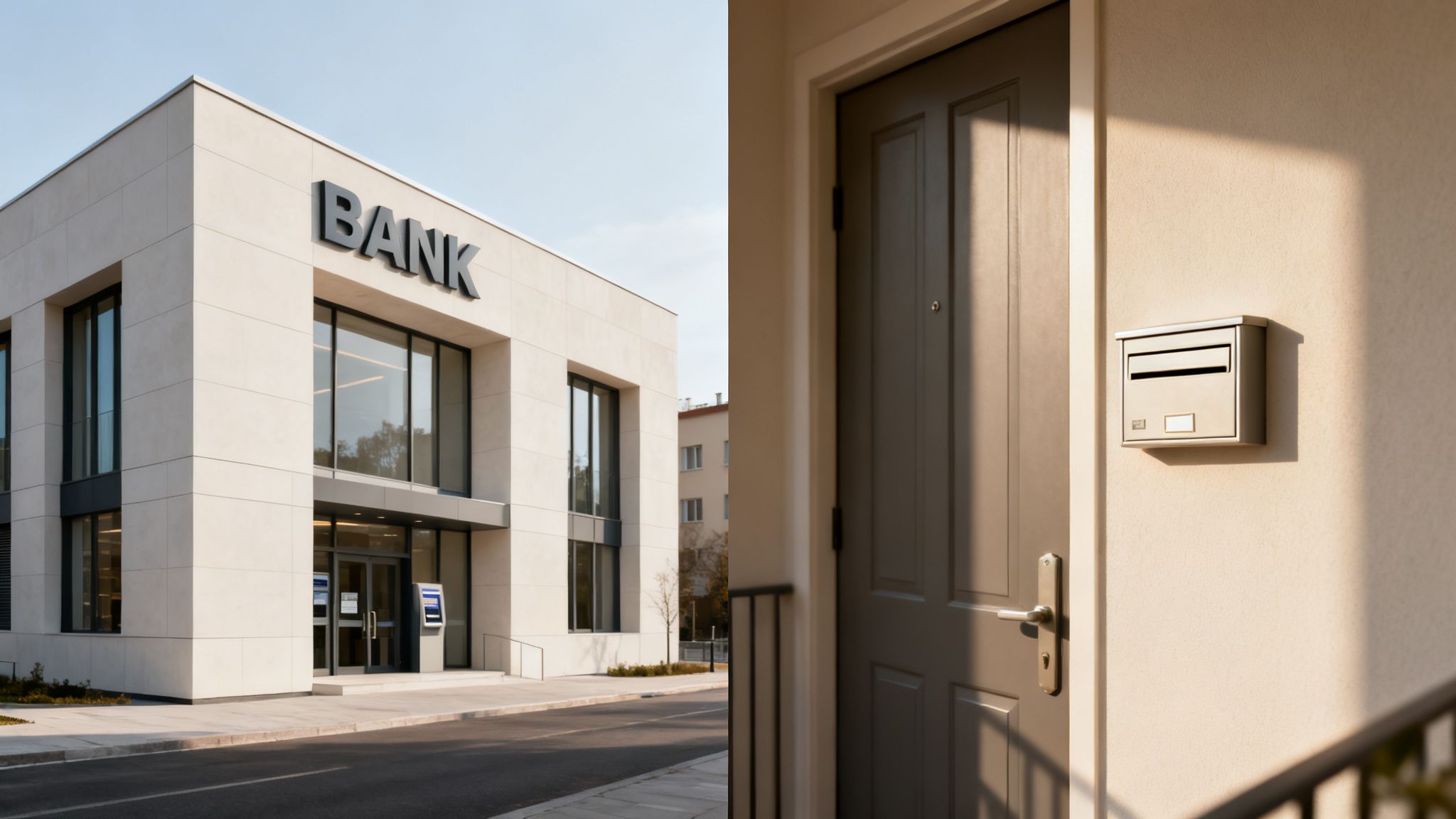 Edificio bancario moderno con letrero "BANK" y entrada residencial con buzón bajo luz solar.