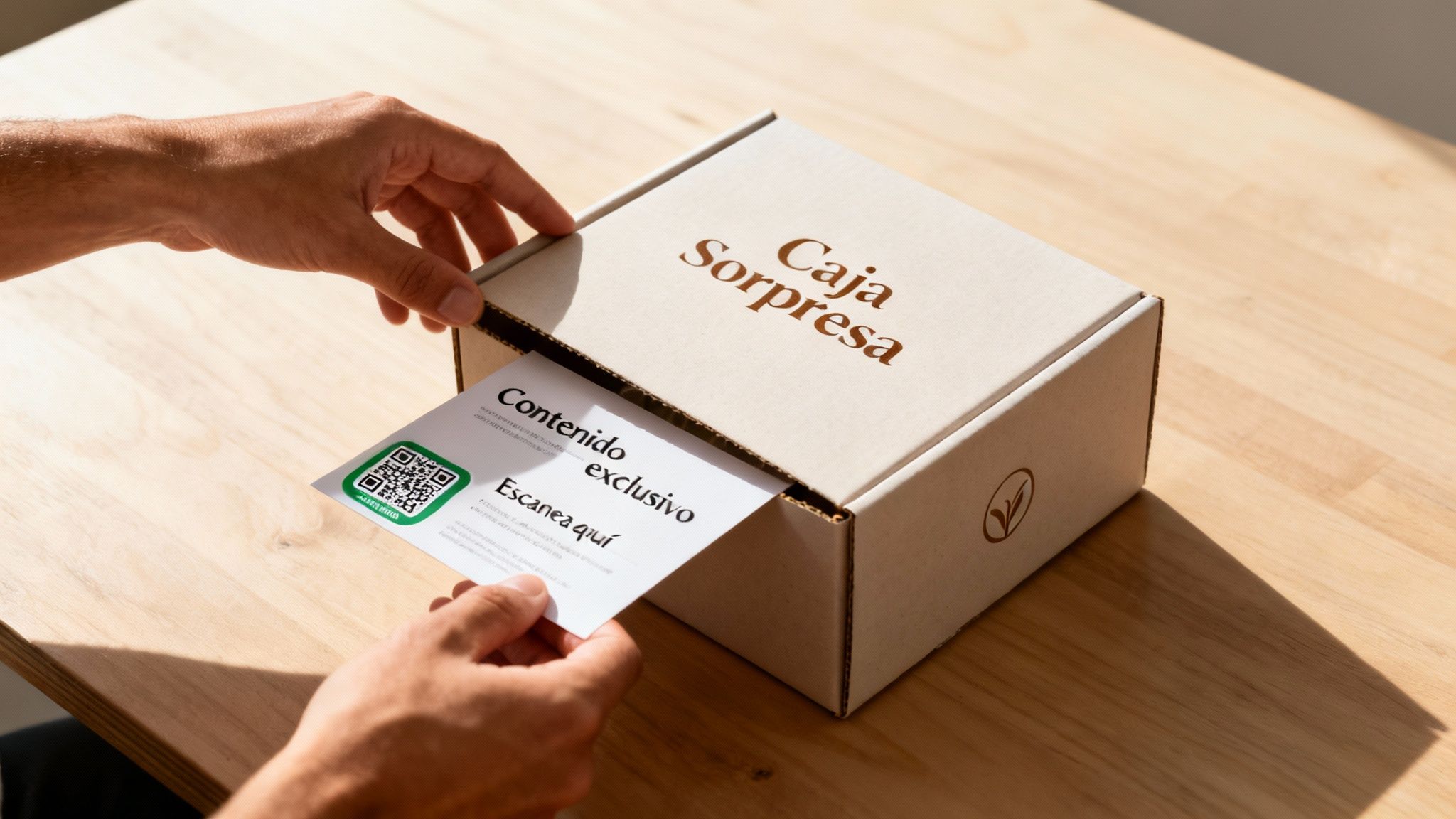 Manos abriendo una caja sorpresa de cartón que revela una tarjeta con código QR y texto exclusivo.