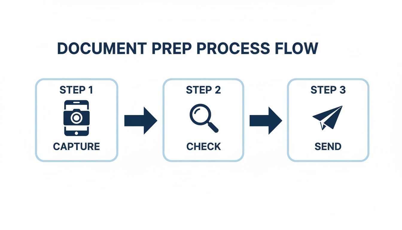 Document preparation process flow showing steps: capture with phone, check with magnifier, then send.