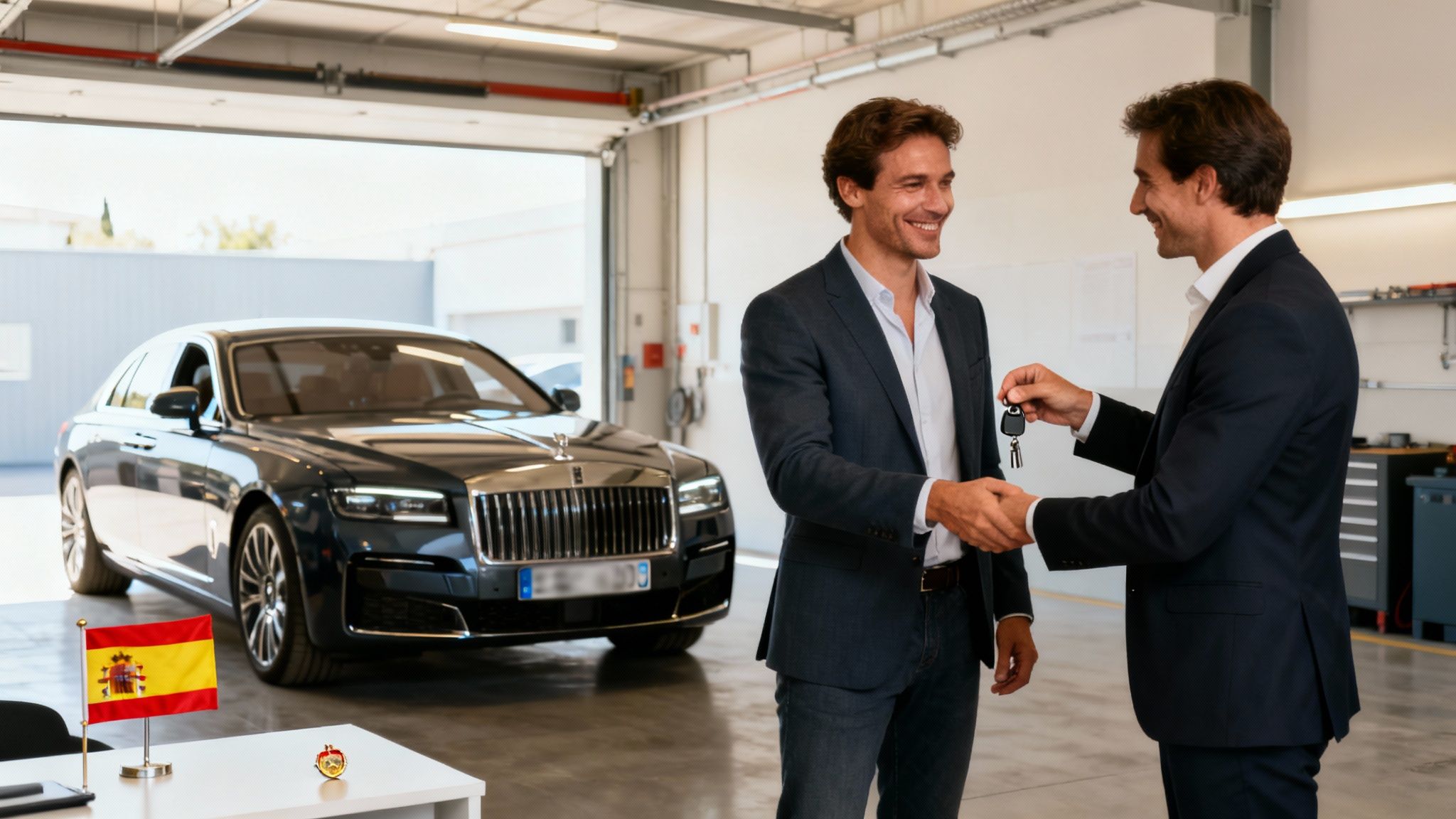 Dos hombres sonriendo se dan la mano al entregar las llaves de un coche de lujo.