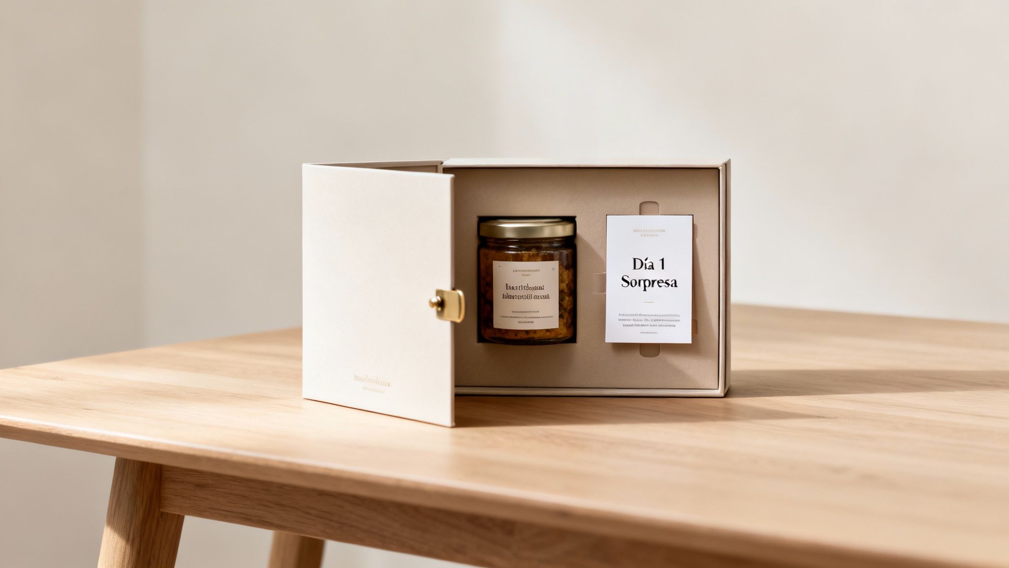 Caja de regalo abierta sobre una mesa de madera, mostrando un tarro de comida y una tarjeta 'Día 1 Sorpresa'.