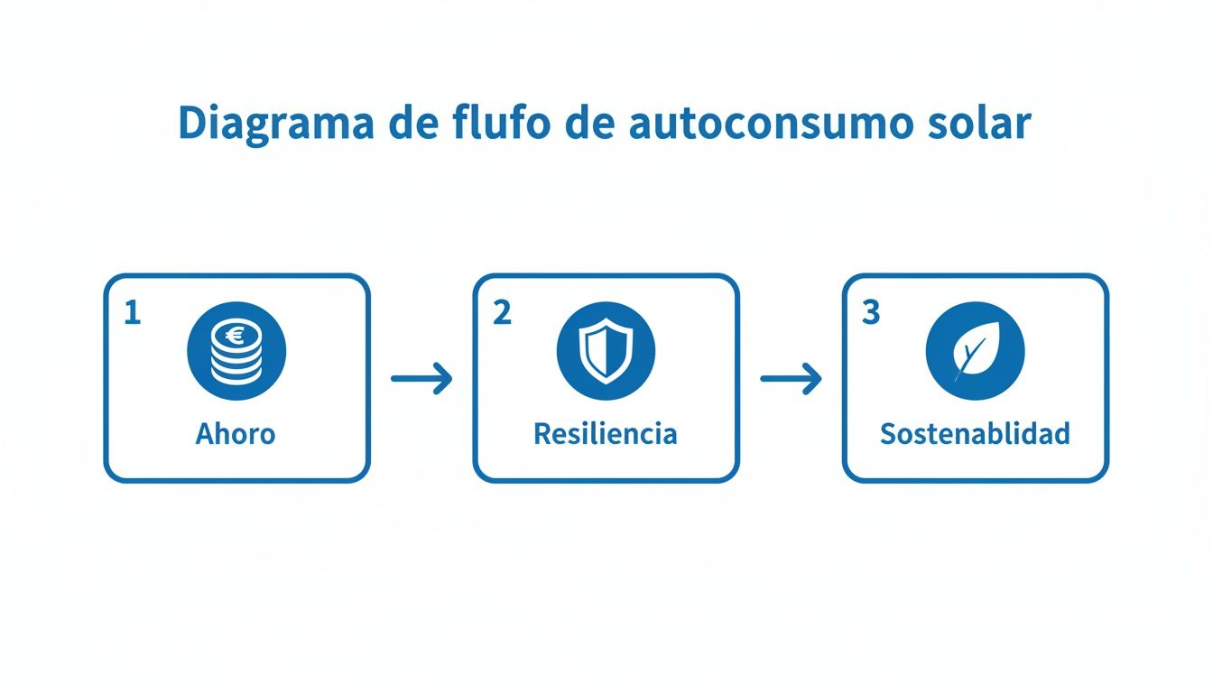 Diagrama de flujo de autoconsumo solar que ilustra los beneficios: ahorro, resiliencia y sostenibilidad.