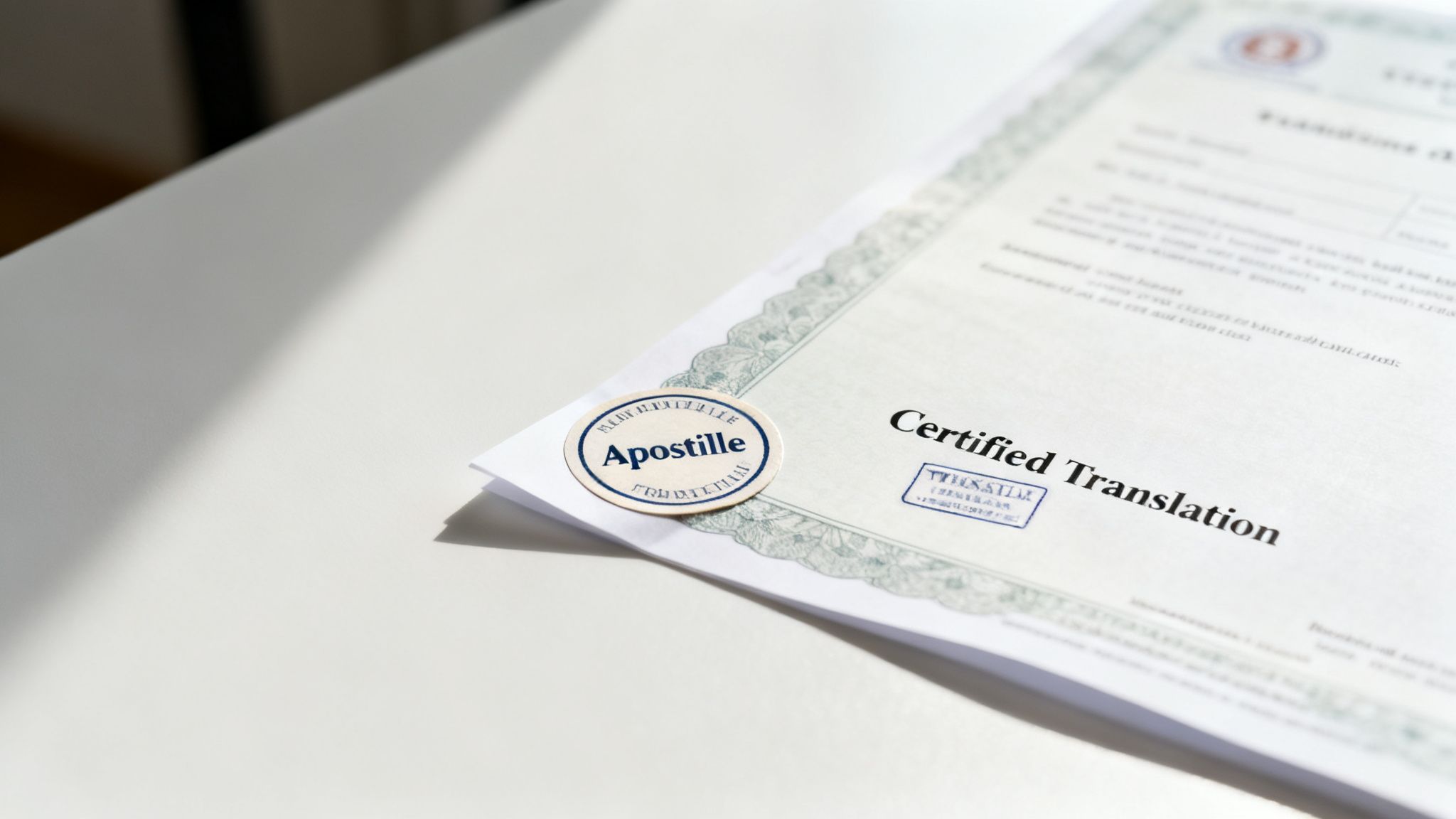 Close-up of a certified translation document with an Apostille stamp on a white surface.
