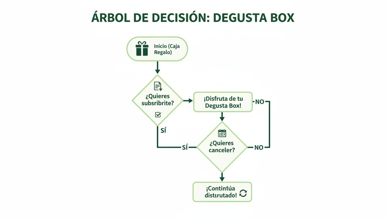 Diagrama de flujo que muestra el árbol de decisión para Degusta Box, desde el inicio como caja regalo hasta la suscripción y cancelación.