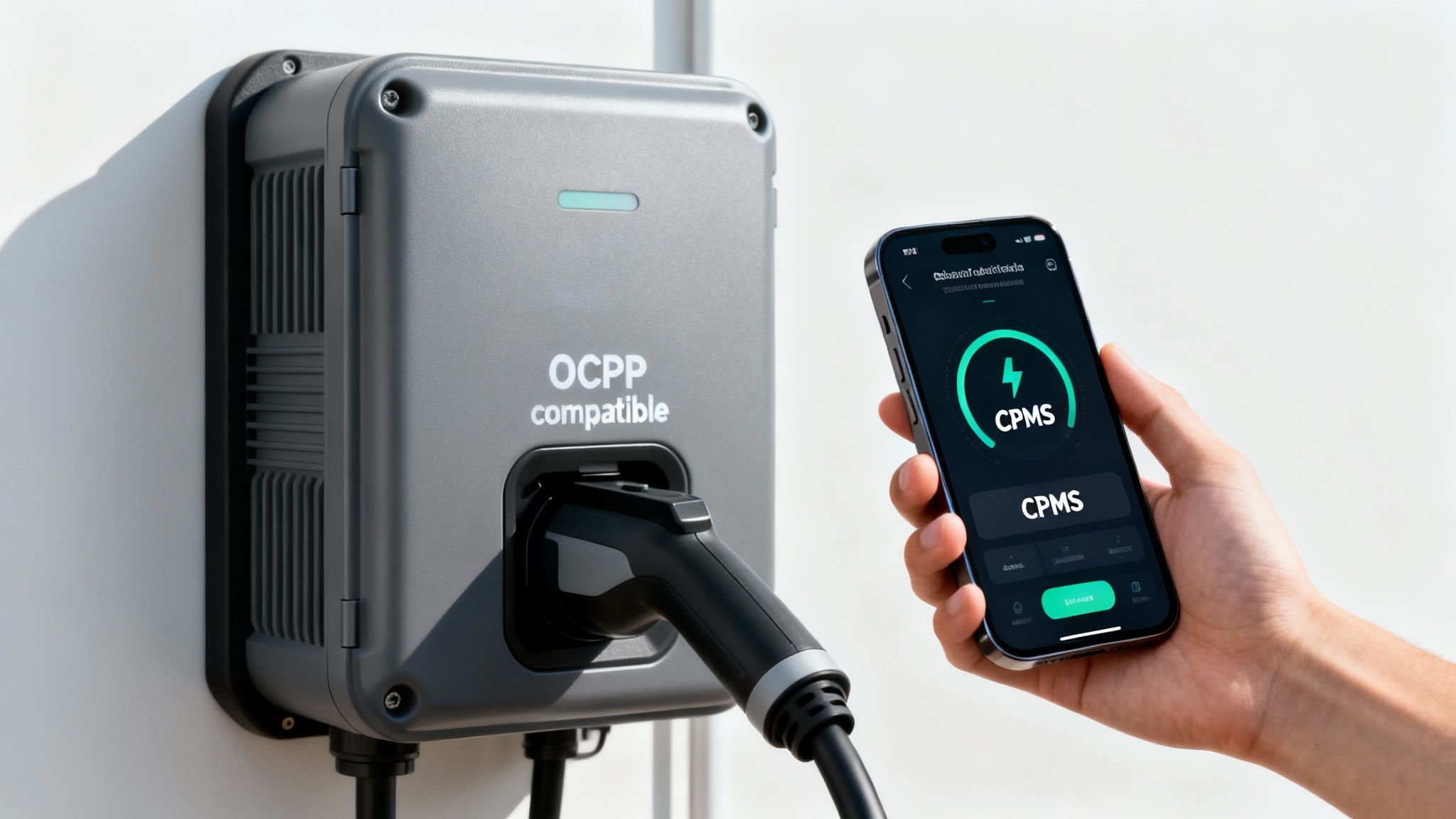Punto de carga OCPP compatible para coche eléctrico con su aplicación de gestión en un smartphone.