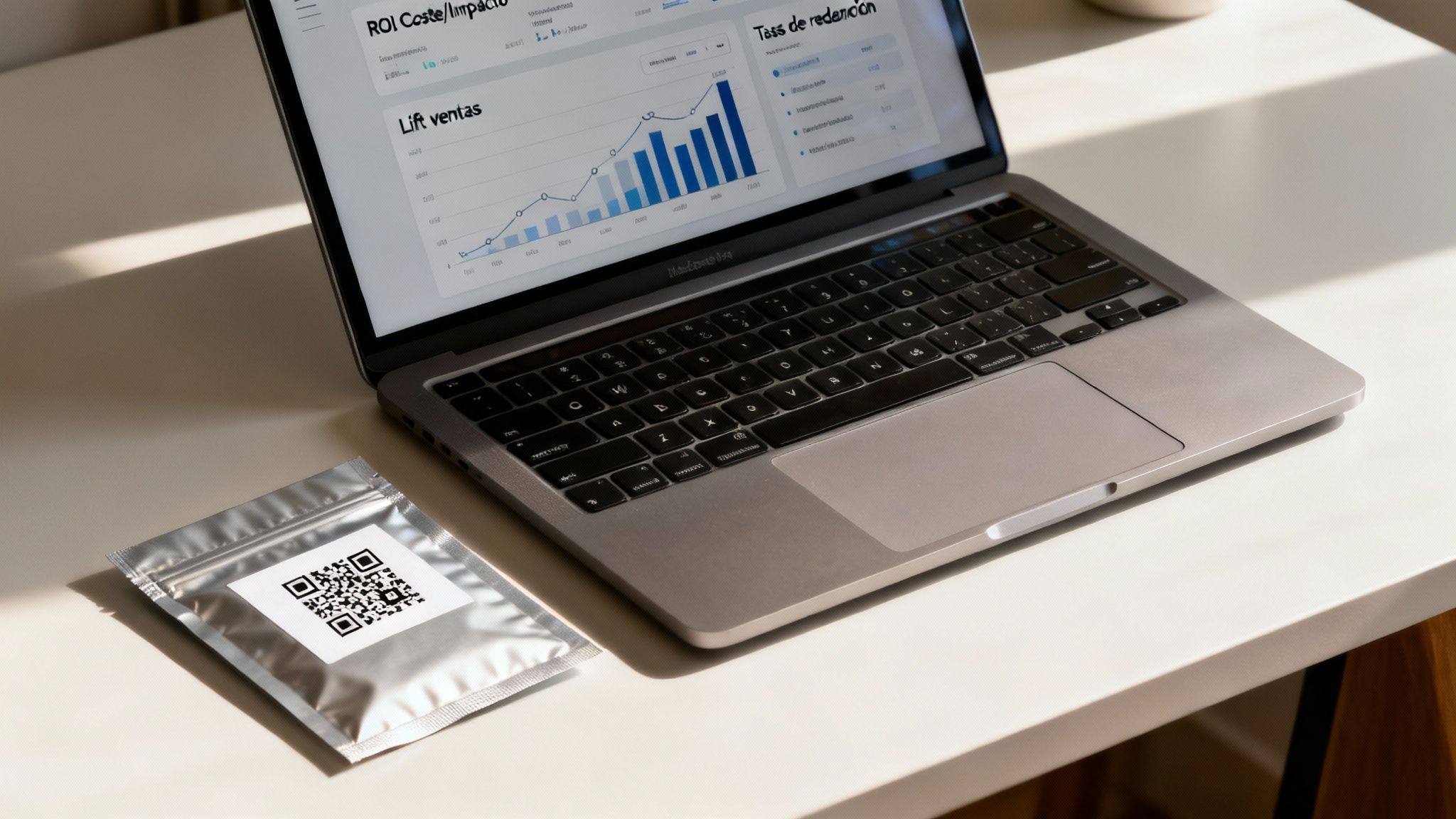 Un portátil en un escritorio blanco muestra gráficos de ventas y ROI, junto a una bolsa plateada con código QR.