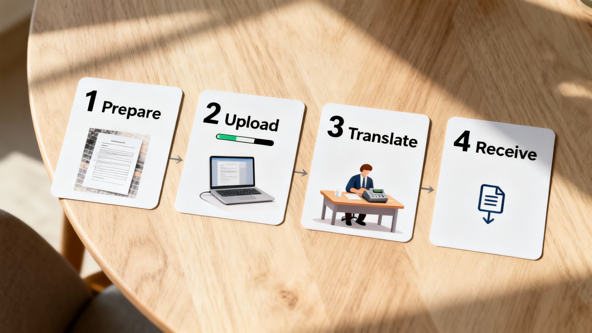 Four white cards on a wooden table illustrating the online translation process: prepare, upload, translate, and receive.
