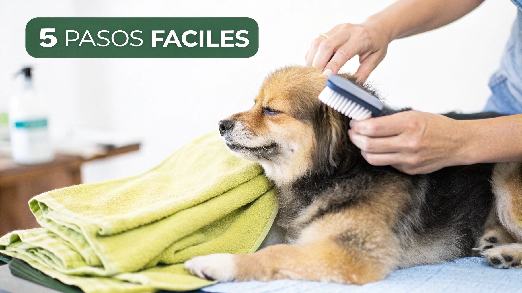 Persona cepillando a un perro con toallas verdes al lado, siguiendo 5 pasos fáciles.