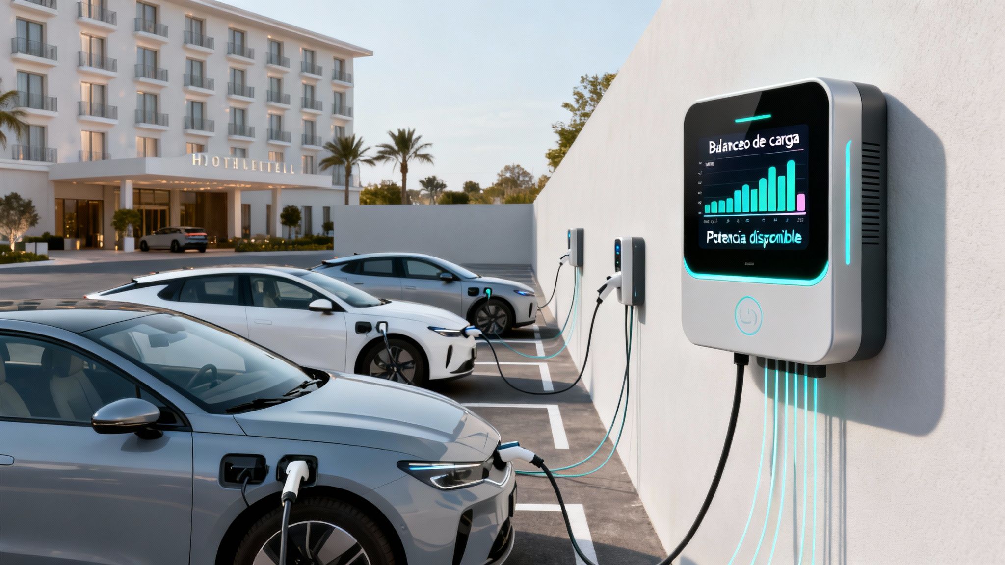 Coches eléctricos cargando en estaciones de energía frente a un moderno hotel.