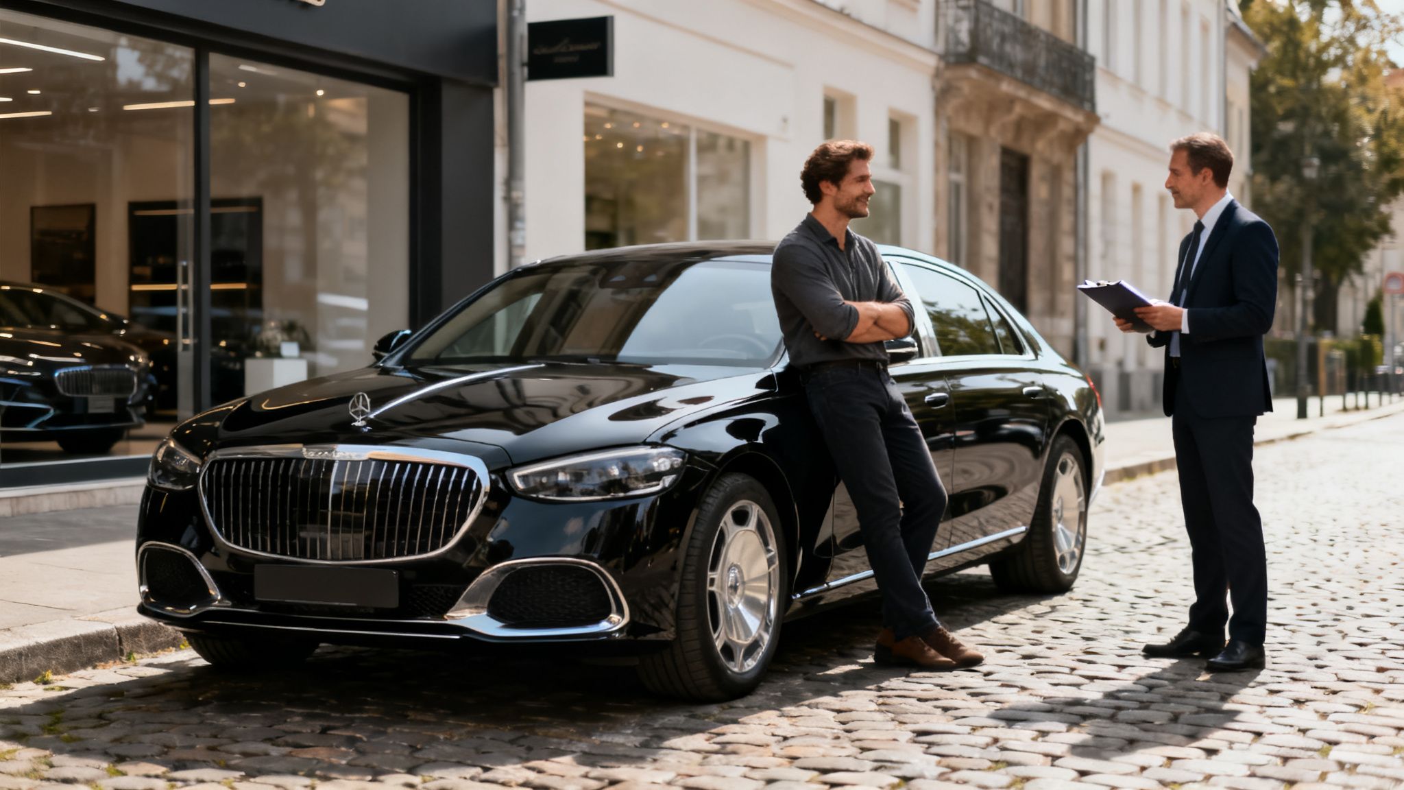 Un hombre sonriente se apoya en un coche Maybach negro mientras otro le muestra documentos.