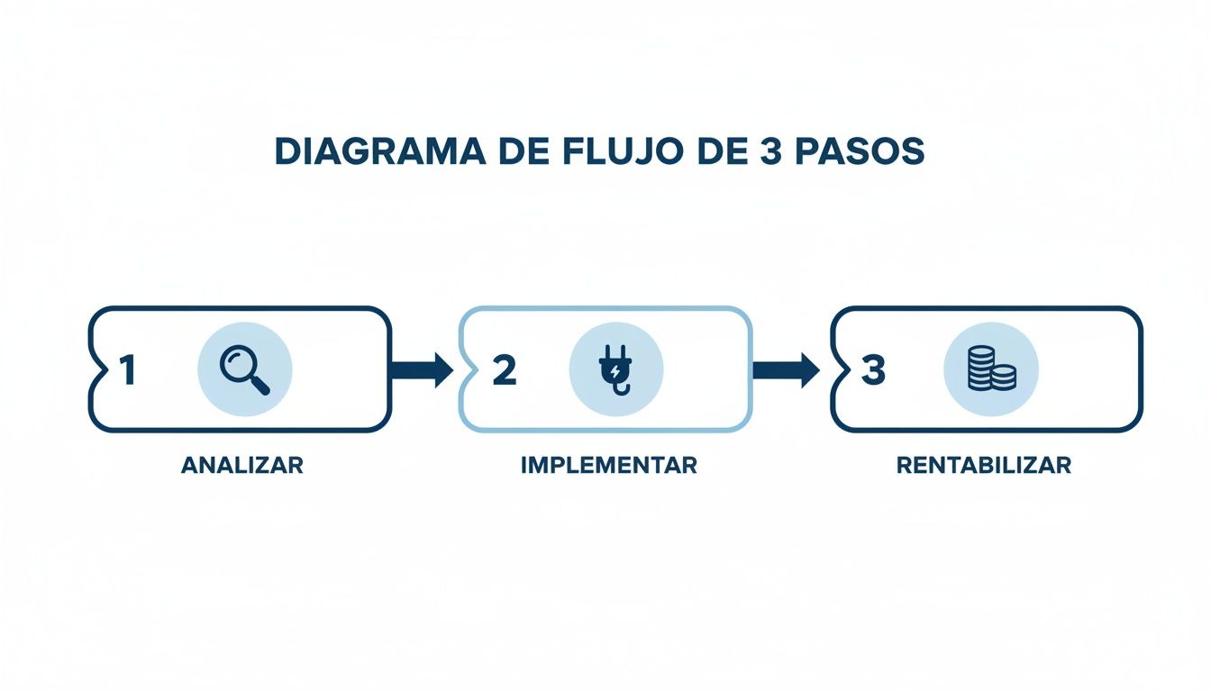 Diagrama de flujo de 3 pasos para analizar, implementar y rentabilizar la instalación de un punto de carga.