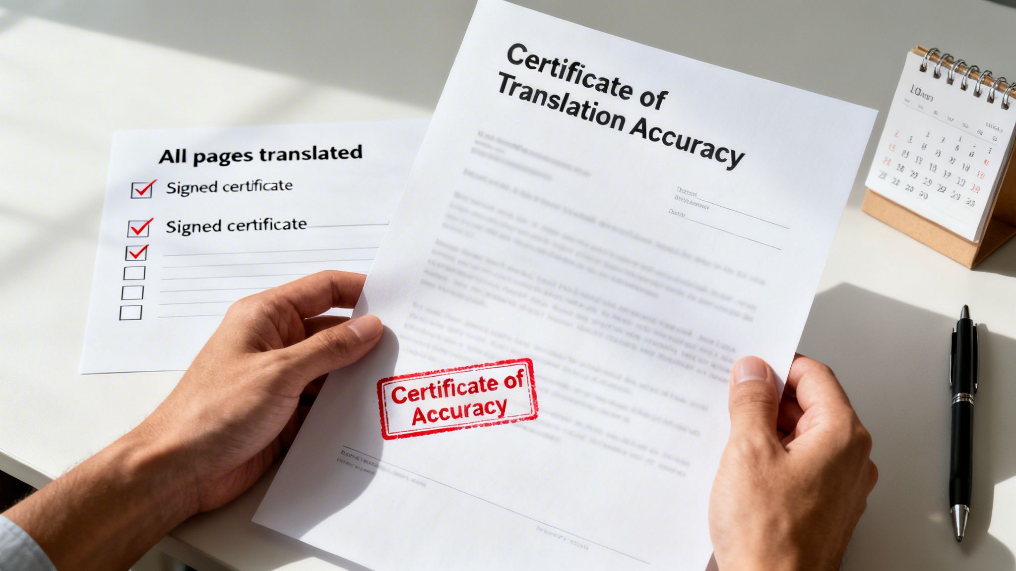 Hands holding a 'Certificate of Translation Accuracy' document and a checklist on a white desk.