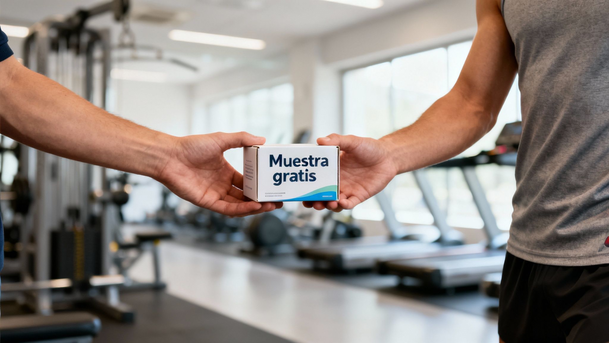 Manos de dos personas intercambiando una caja blanca de 'Muestra gratis' en un gimnasio.