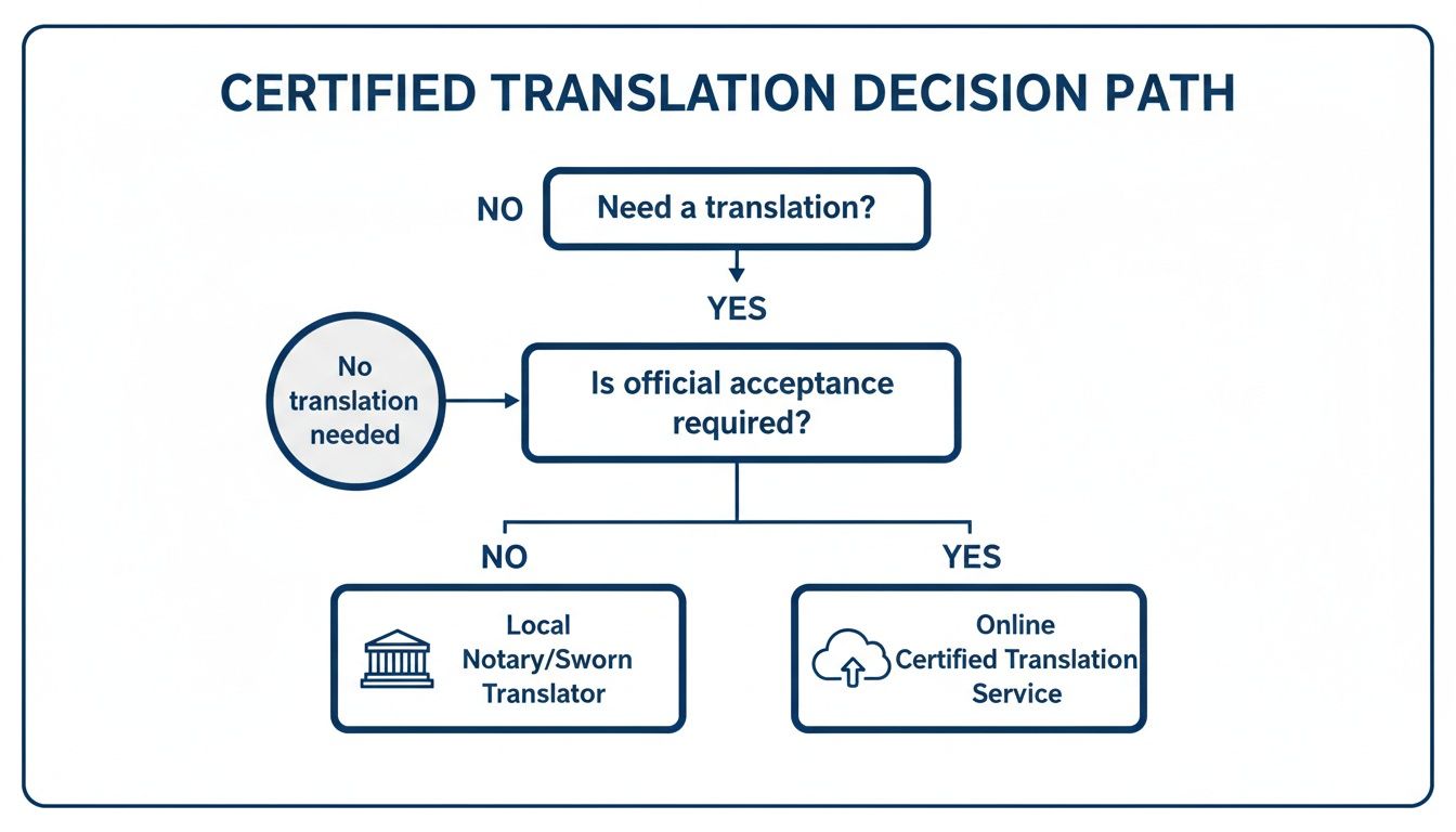 Flowchart outlining the decision path for obtaining a certified document translation service.