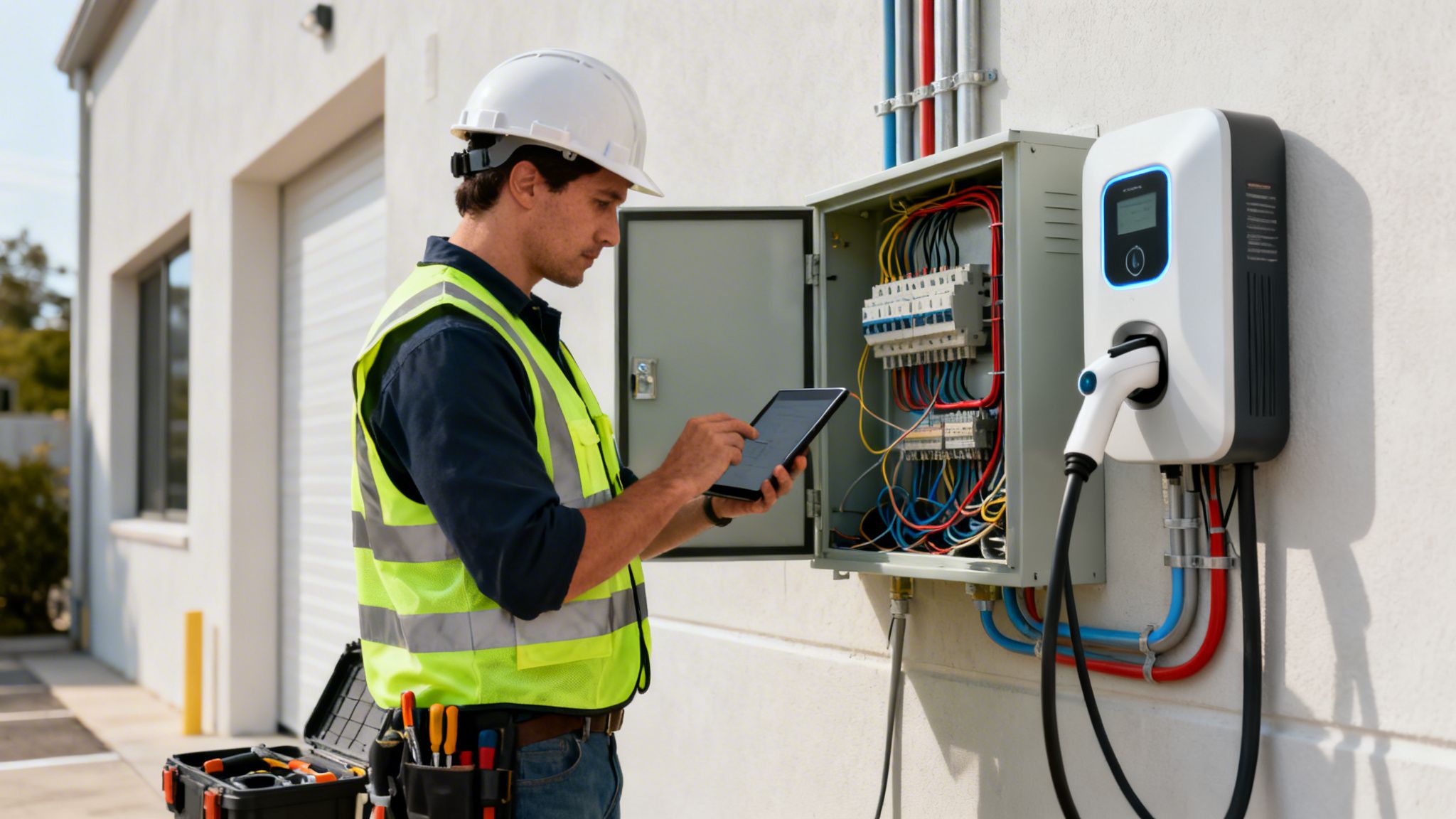 Electricista con casco y chaleco de seguridad revisa cargador de coche eléctrico y panel.
