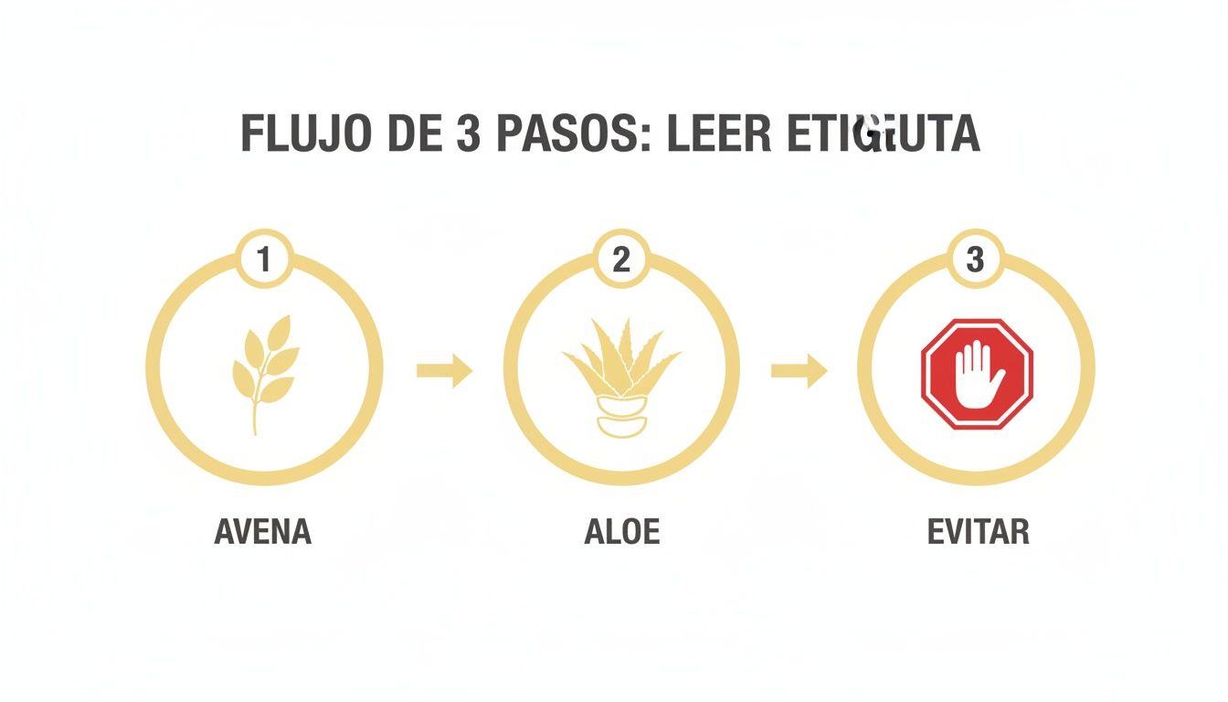 Diagrama de flujo de 3 pasos para leer etiquetas de productos, mostrando avena, aloe y qué evitar.