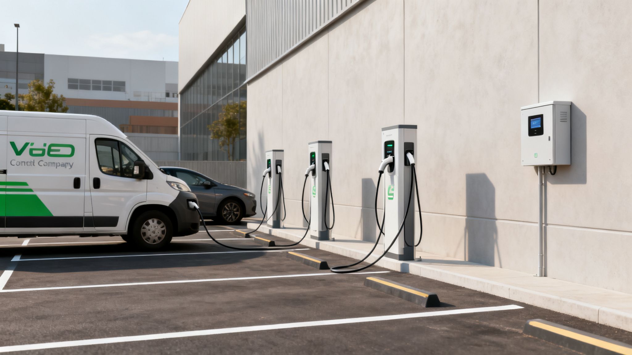 Furgoneta de entrega y coche gris cargando en estaciones eléctricas en un estacionamiento moderno.